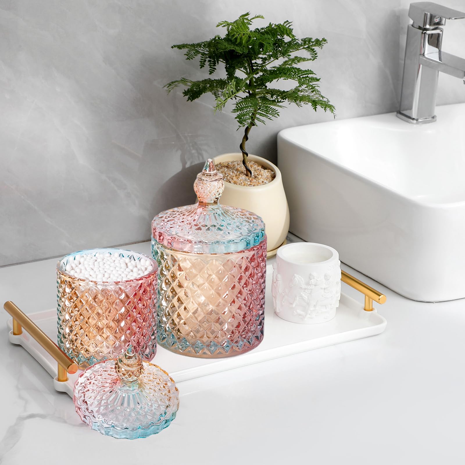 2 Pack Qtip Holder Glass Bathroom Accessories Vanity Organizers And Makeup Storage For Cotton Swabs, Small And Large Rainbow