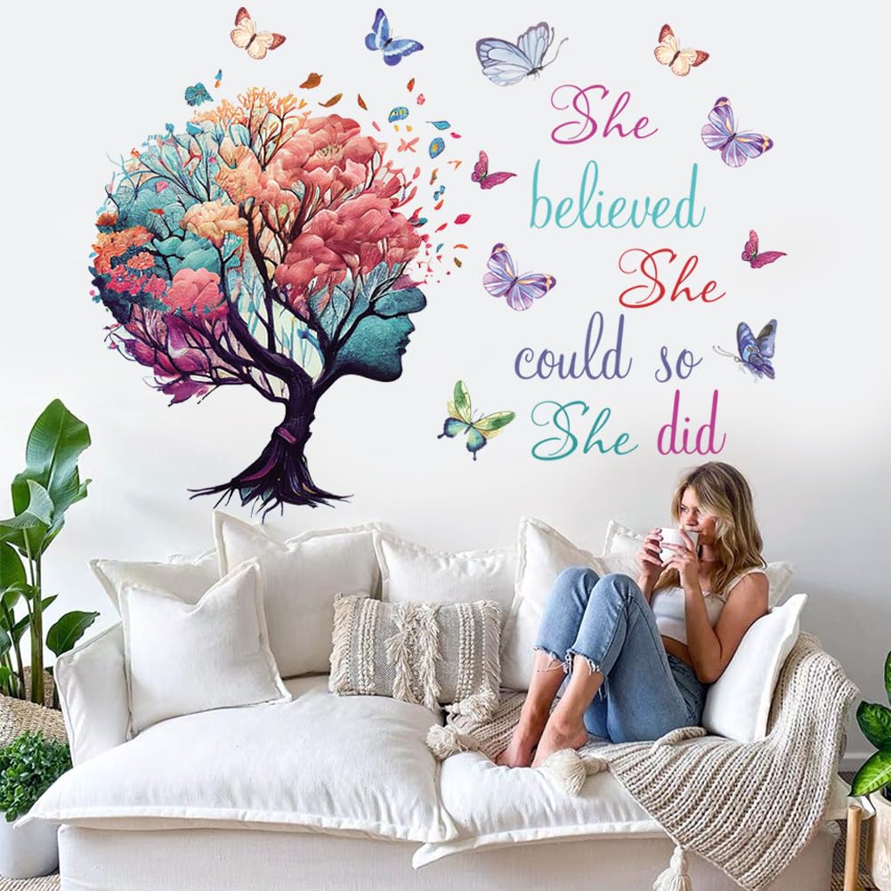 Inspirational Wall Decal Quotes She Believe She Could So She Did Tree Wall Sticker Wall Art Positive Sayings Sticker Butterfly W