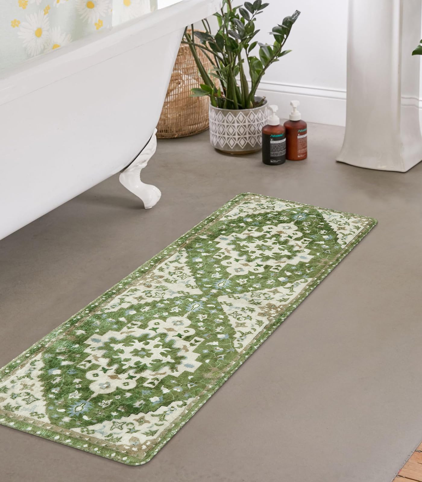 Uphome Boho Retro Bathroom Runner Sage Green Non-Slip Soft Long Bathroom Rugs Runner Oriental Tribal Machine Washable Bath Mat F