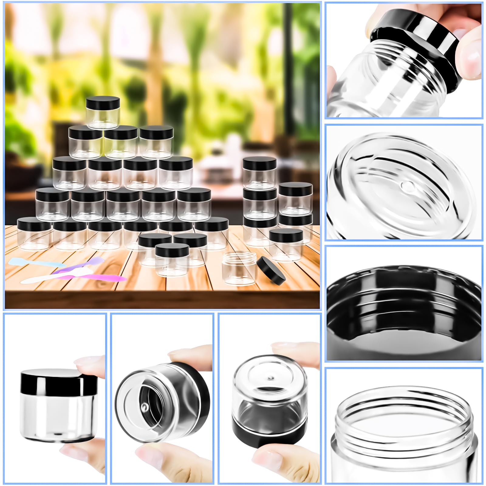 Motbach 35 Pcs 20G Empty Plastic Containers With Black Lids,Small Makeup Sample Containers,0.7Oz Small Sample Pot Jars Round Tra