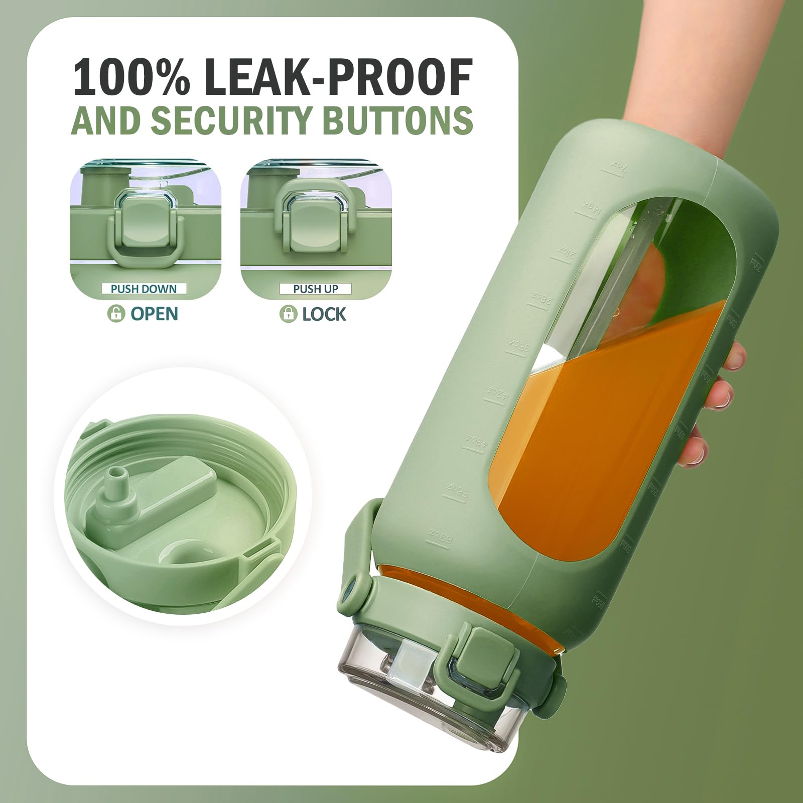 BLUEGO 64 oz Glass Water Bottles with Straw Time Marker Half Gallon Large Motivational Bottle Silicone Sleeve 2 Liter Jug for Gym  Sports& Workout  Olive