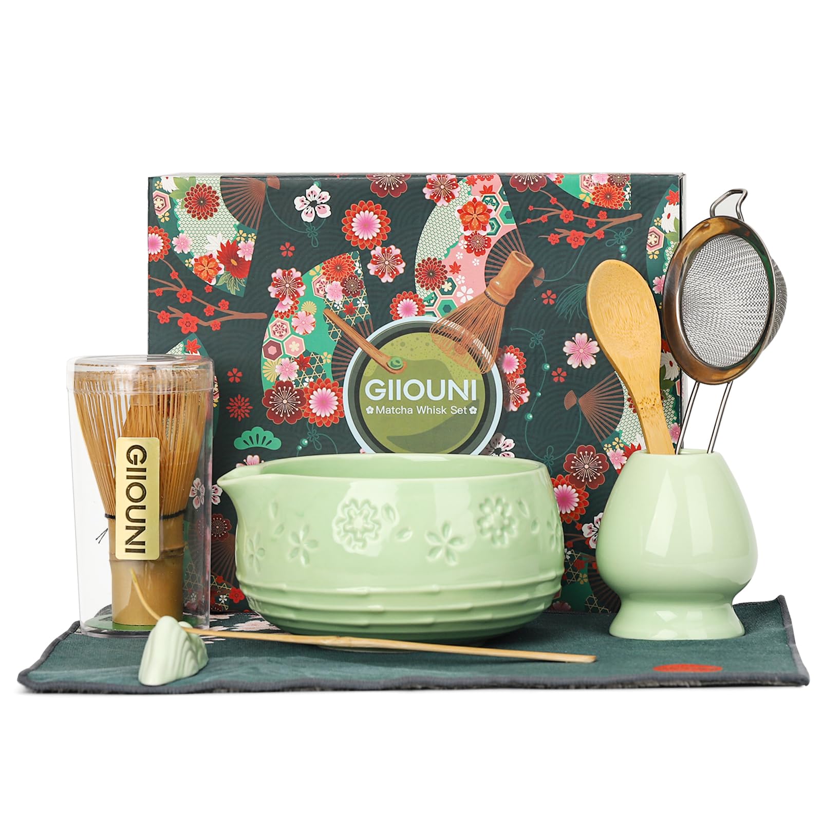 Giiouni Matcha Whisk Set, Ceramic Bowl with Spout, Bamboo Matcha Whisk & Spoon, Chasen Holder, Scoop Rest, Sifter, 8-Pcs Japanes