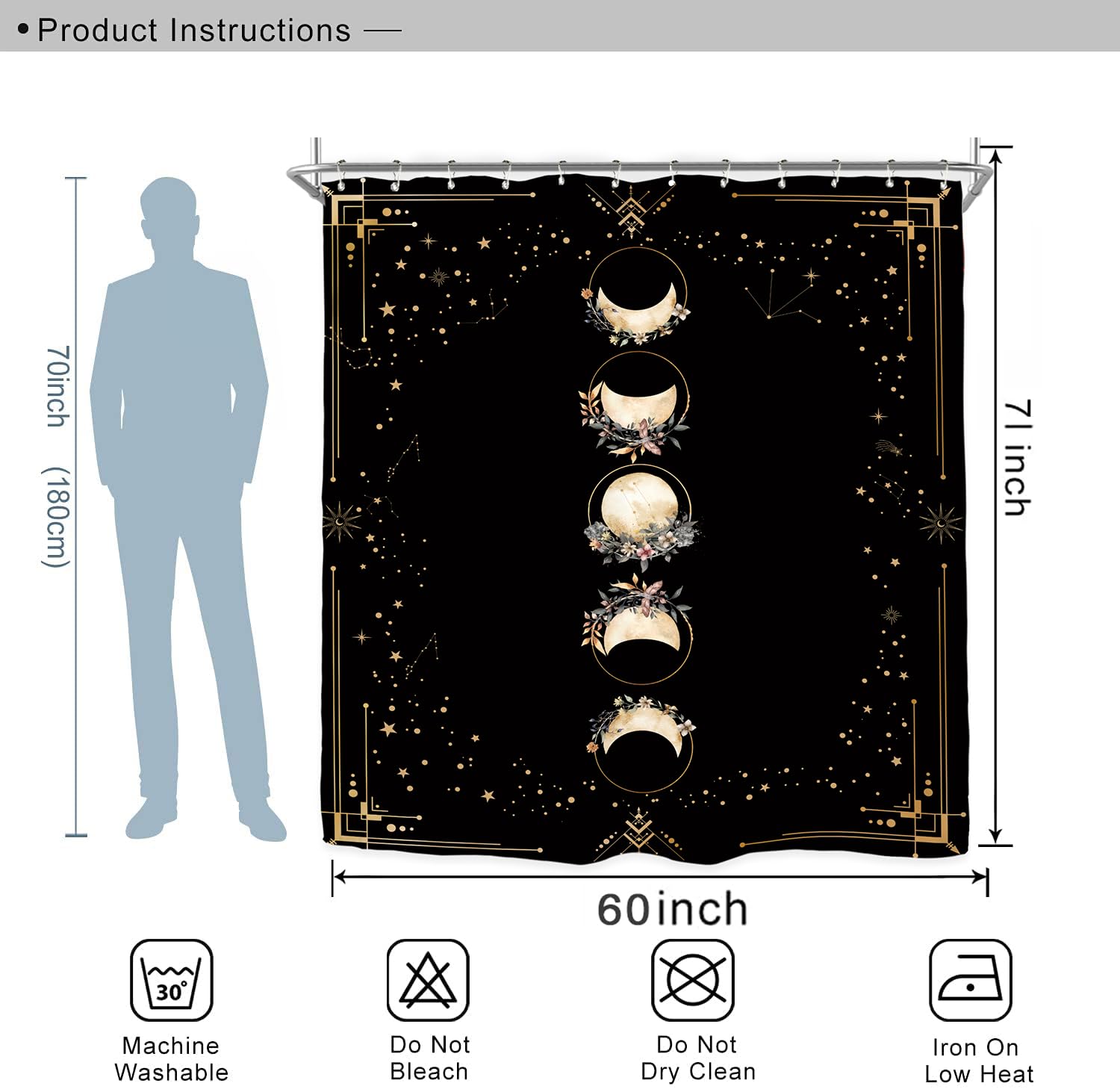 Miyotaa Moon Phase Moonlit Gothic Shower Curtain Set 60Wx71H Inches Black Witchy Tarot Mysterious Zodiac Constellation Astrology