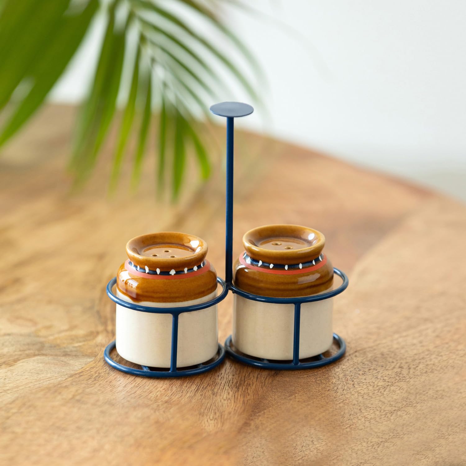 Exclusivelane Old Martaban Ceramic Salt Pepper Set For Dining Table With Iron Holder (80 Ml, Set Of 2) | Salt And Pepper Conta