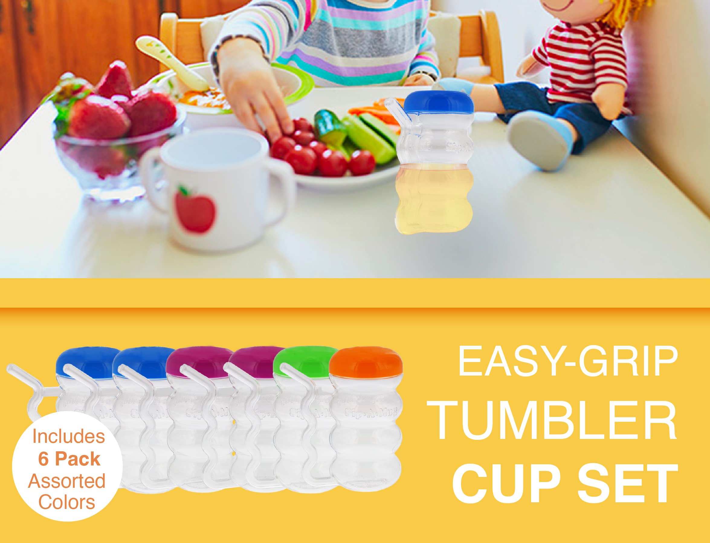 Arrow Home Products Sip-A-Mug  14oz  6pk - Easy to Grip Plastic Kid's Cup Where the Handle is the Straw - BPA-free with Screw-On Caps Great for Everyday Use  Made in the USA - Clear with Color Lids