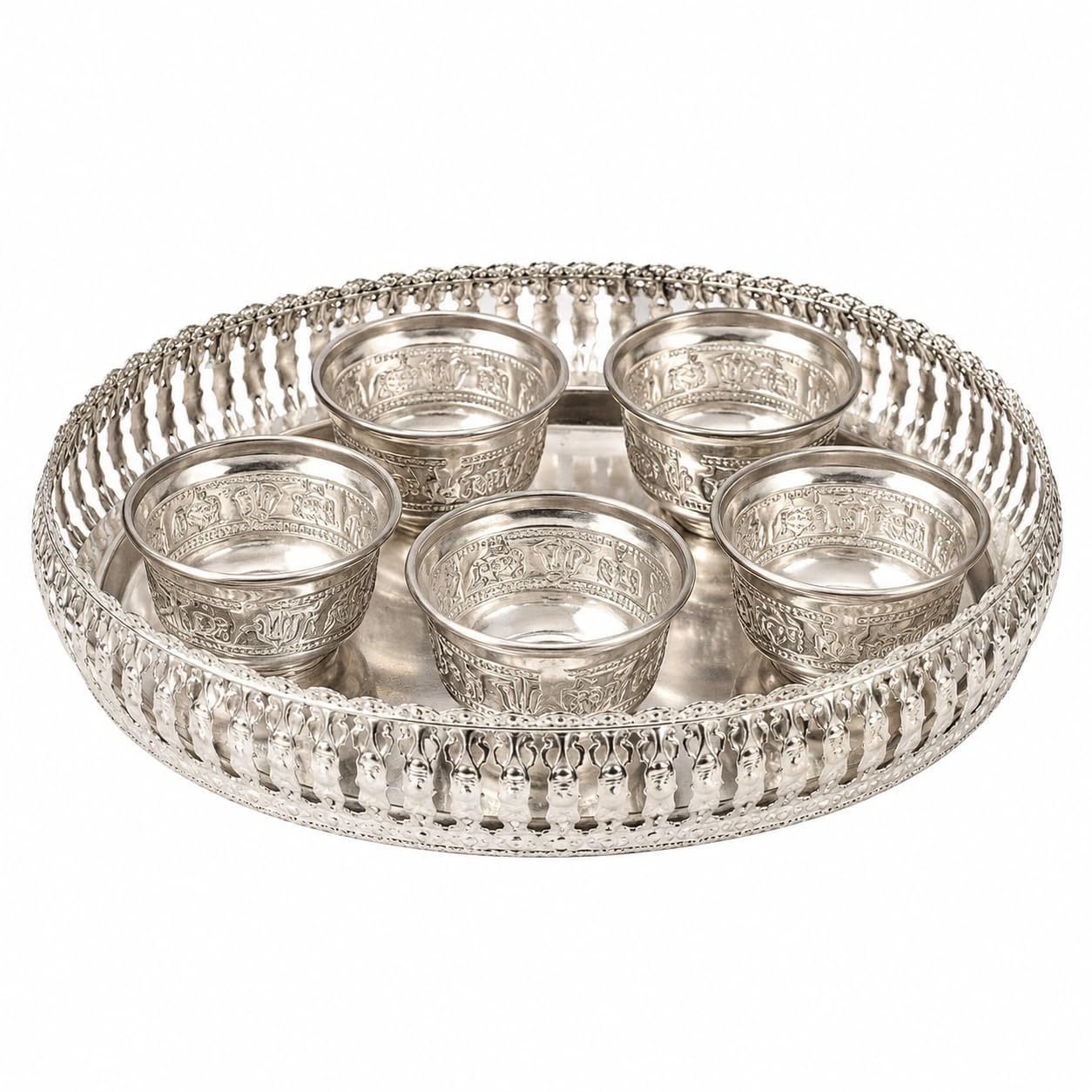 Sgr Handicrafts German Silver Tray With 5 Bowls Set, 9 Inch Decorative Dry Fruit & Sweet Serving Tray For Pooja, Home Dcor & Gif