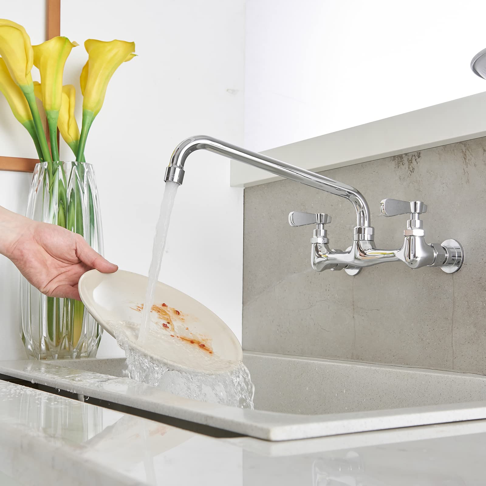 Bwe Kitchen Faucet Wall Mount 2 Handles Commercial Sink Faucet With 16 Inch Swivel Spout Kitchen Faucets, Utility Laundry Faucet