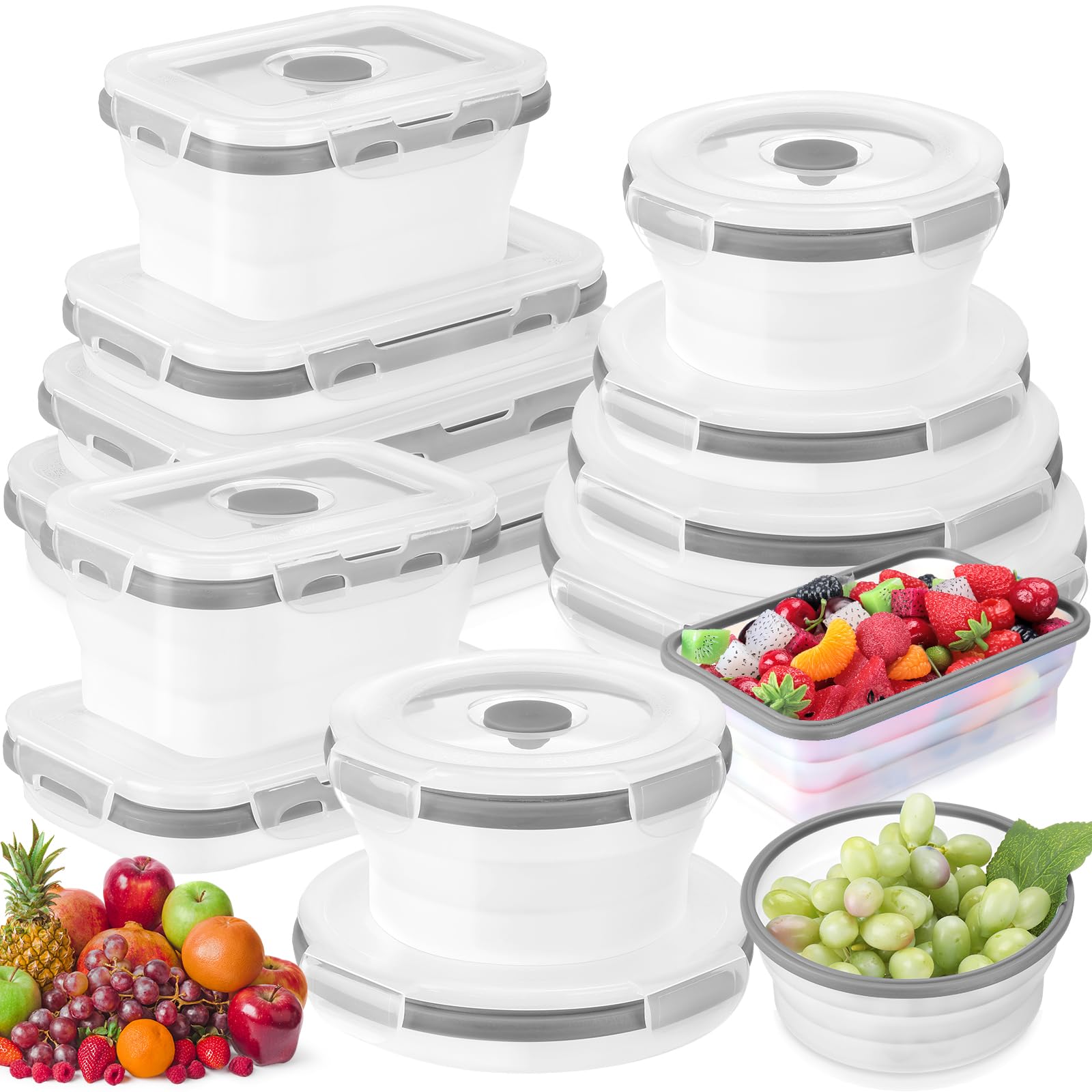 Dandat 12 Silicone Collapsible Food Storage Containers Foldable Silicone Lunch Container 6 Rectangle and 6 Round Airtight Collap