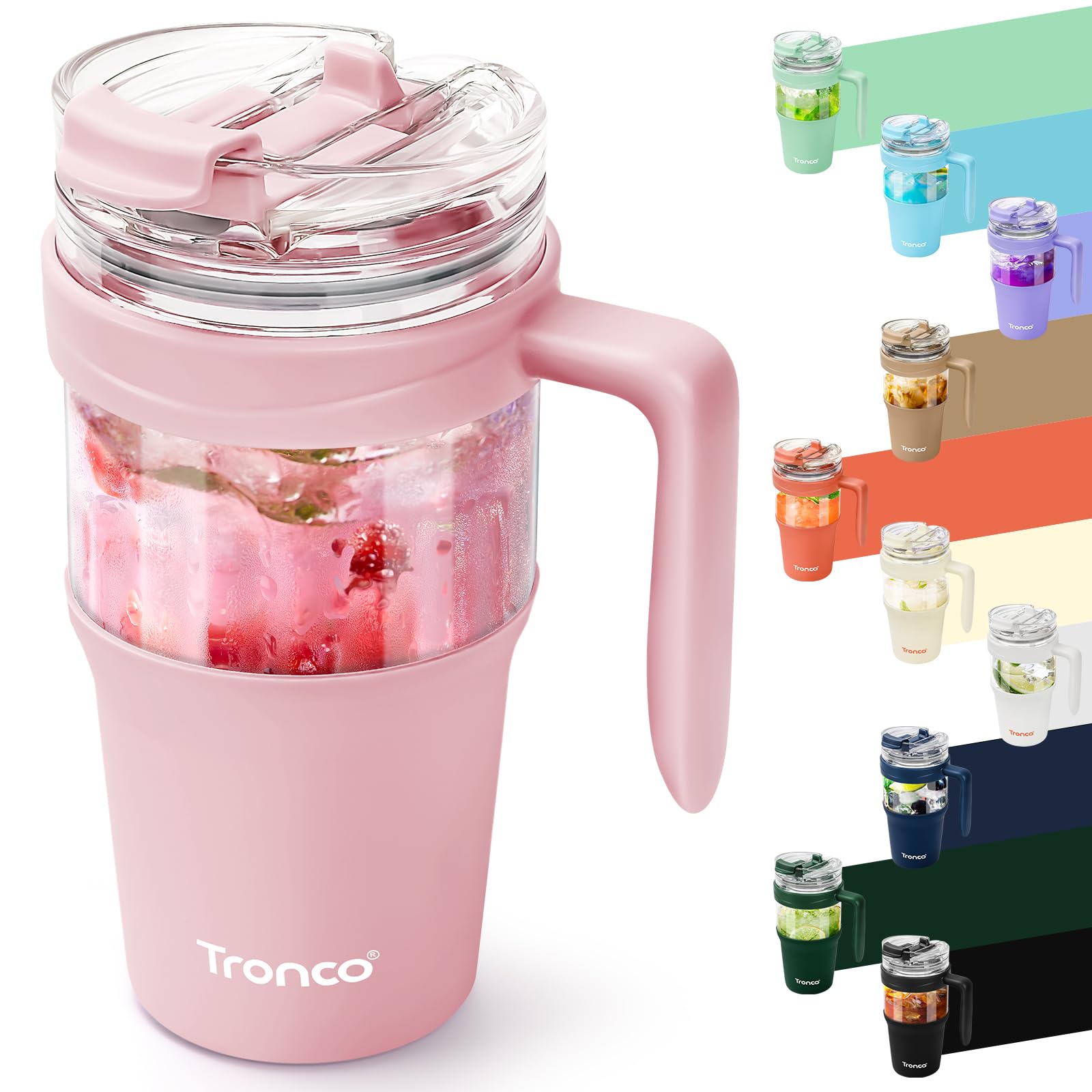 Tronco 40 oz Glass Tumbler with Straw and Lid, Leak-proof Flip Straw, Reusable Iced Coffee Cup with Handle, Glass Water Bottles 