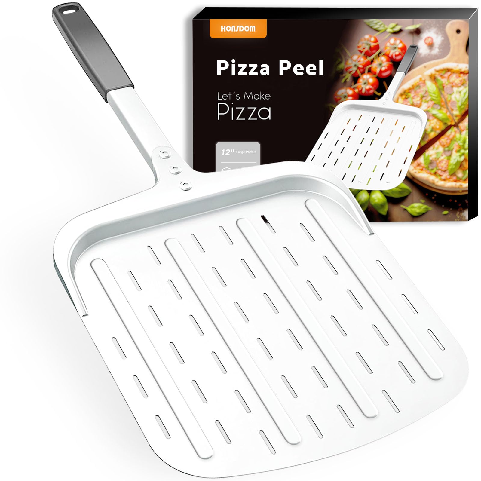 Perforated Pizza Peel 12-Inch, Professional Nonstick Aluminum Metal Pizza Paddle Spatula, Heat-Resistant Handle, Lightweight Piz