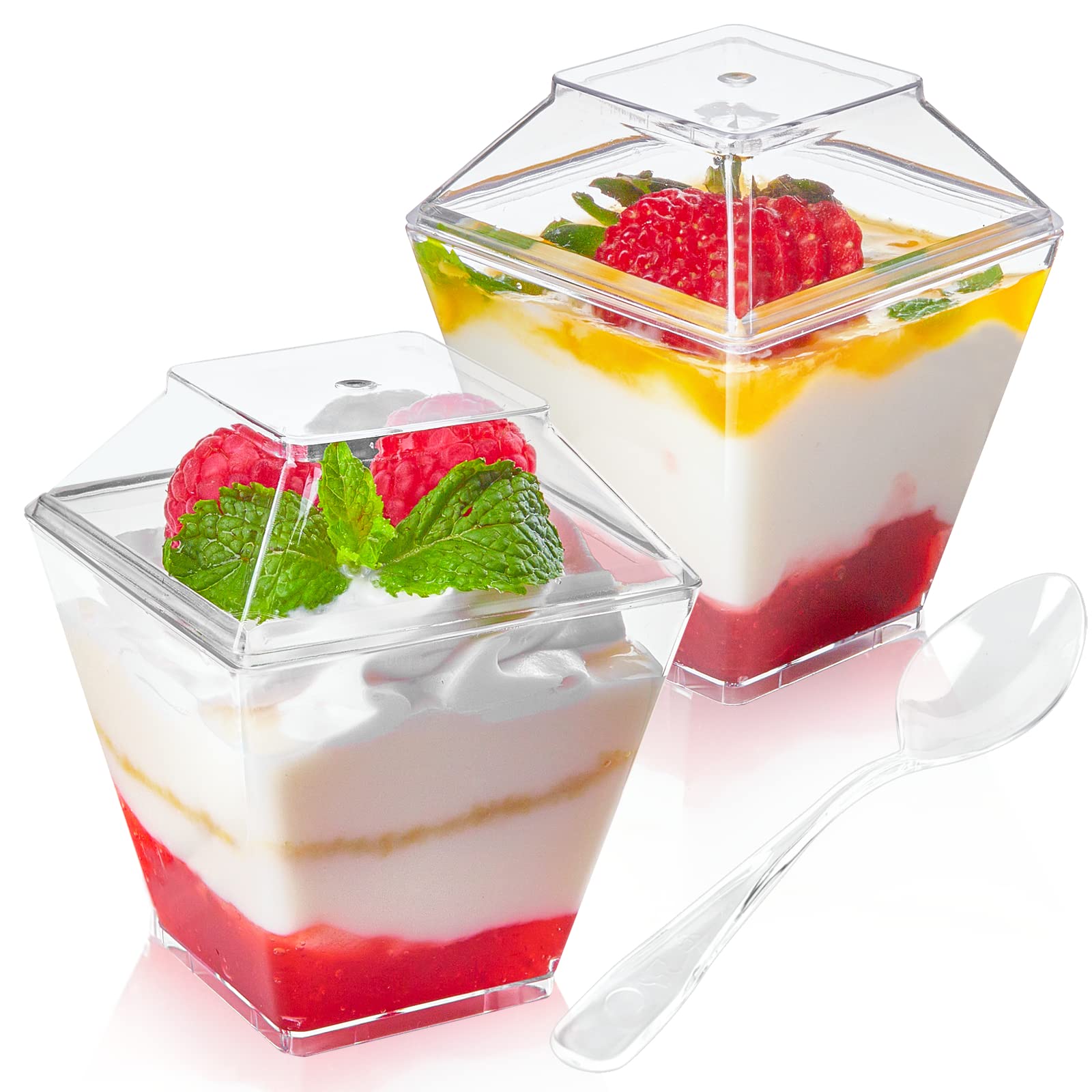 Qeirudu 50 Pack 3.5 Oz Mini Dessert Cups With Lids And Spoons - Parfait Cups With Lids Plastic Square Shooter Cups For Party App