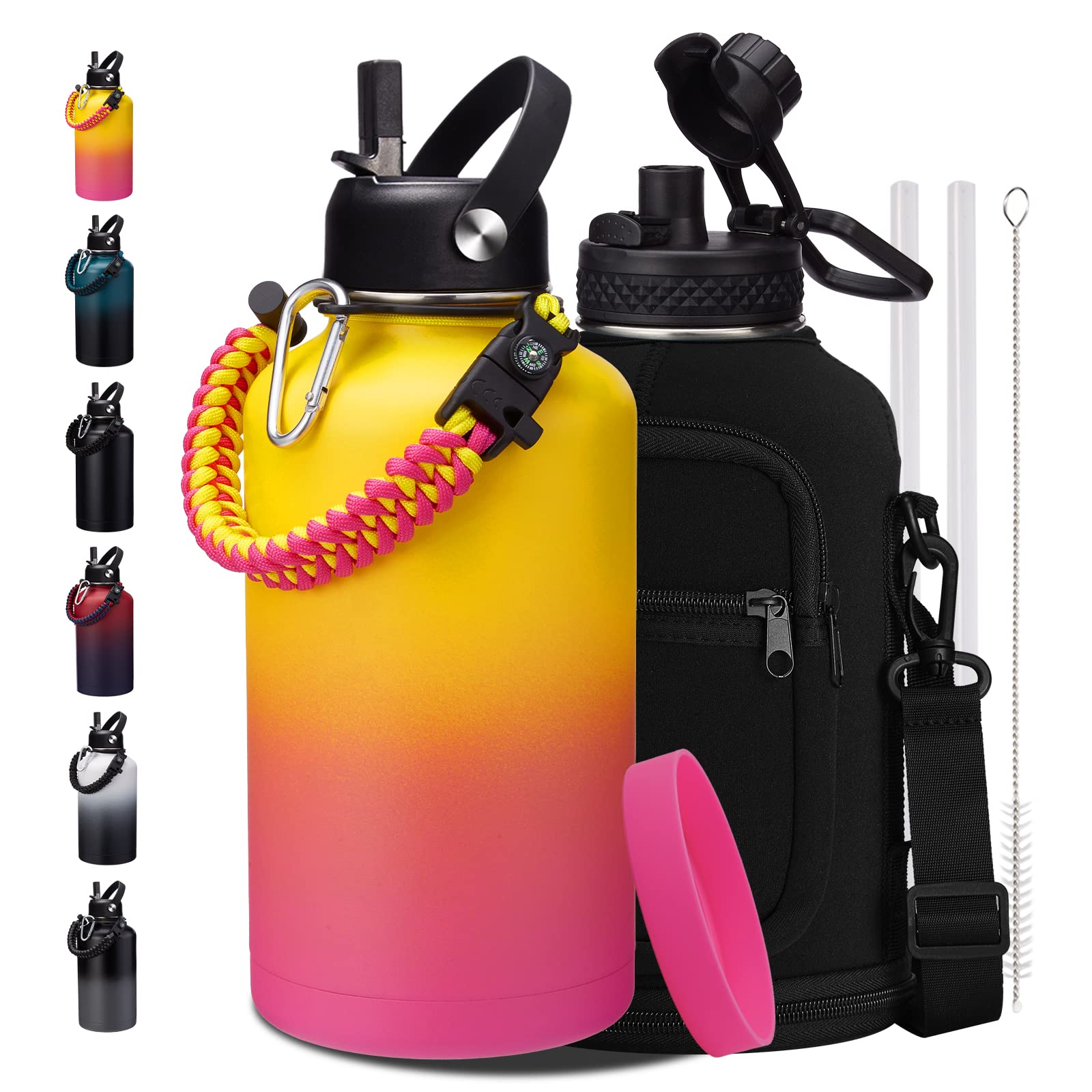 64 oz Insulated Water Bottle - with Straw, Spout Lids, Bottle Sleeve & Paracord Handle, Sports Gym Workout Metal Waterbottle Col