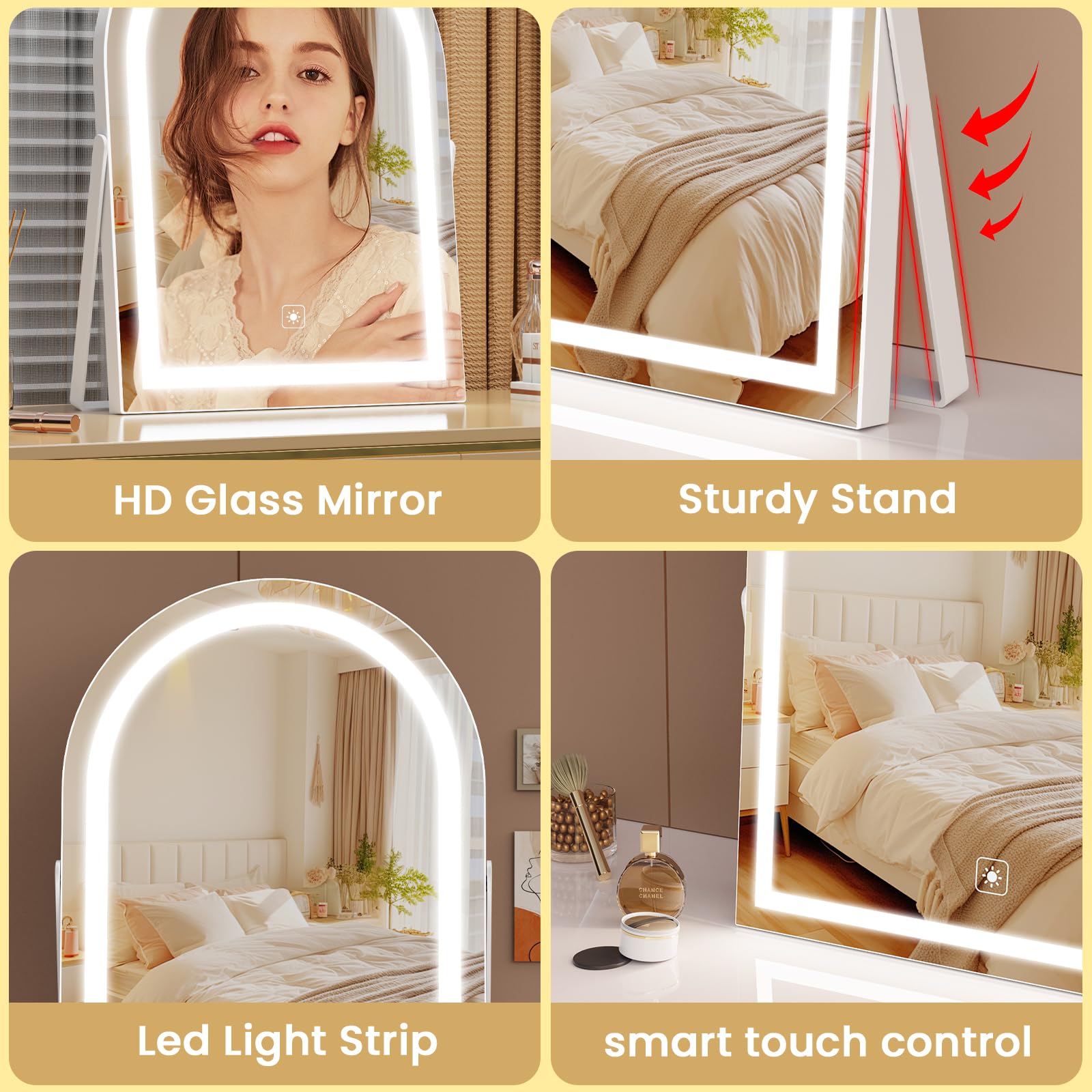 Gvnkvn Vanity Mirror with Lights, 16 Light Up Makeup Mirror, LED Makeup Mirror with Lights for Bedroom Tabletop, Smart Touch Con