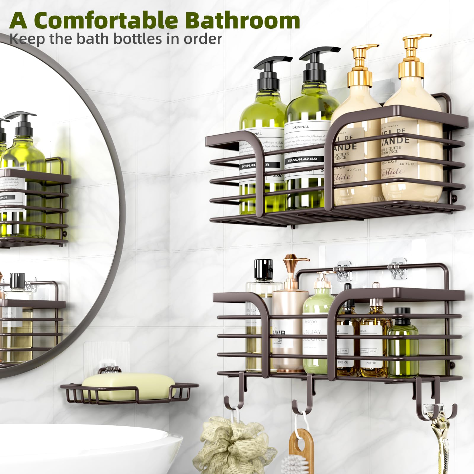 Yougai Shower Caddy 3 Pack, No Drilling Stainless Steel Hanging Shower Organizer Set, Strong Adhesive Shower Organizer For Bathr