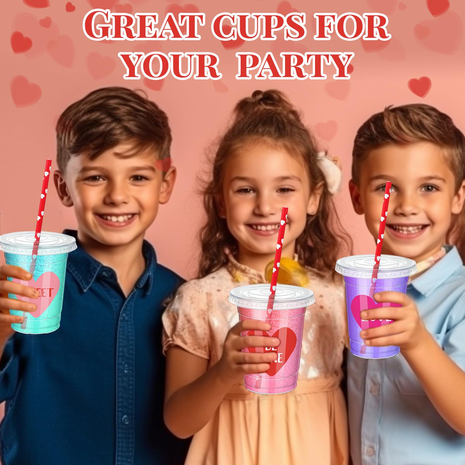 Patelai 120 Set 12 Oz Valentine'S Day Disposable Cups With Lids And Paper Straws Valentine'S Day Plastic Clear Pink Red Heart Be