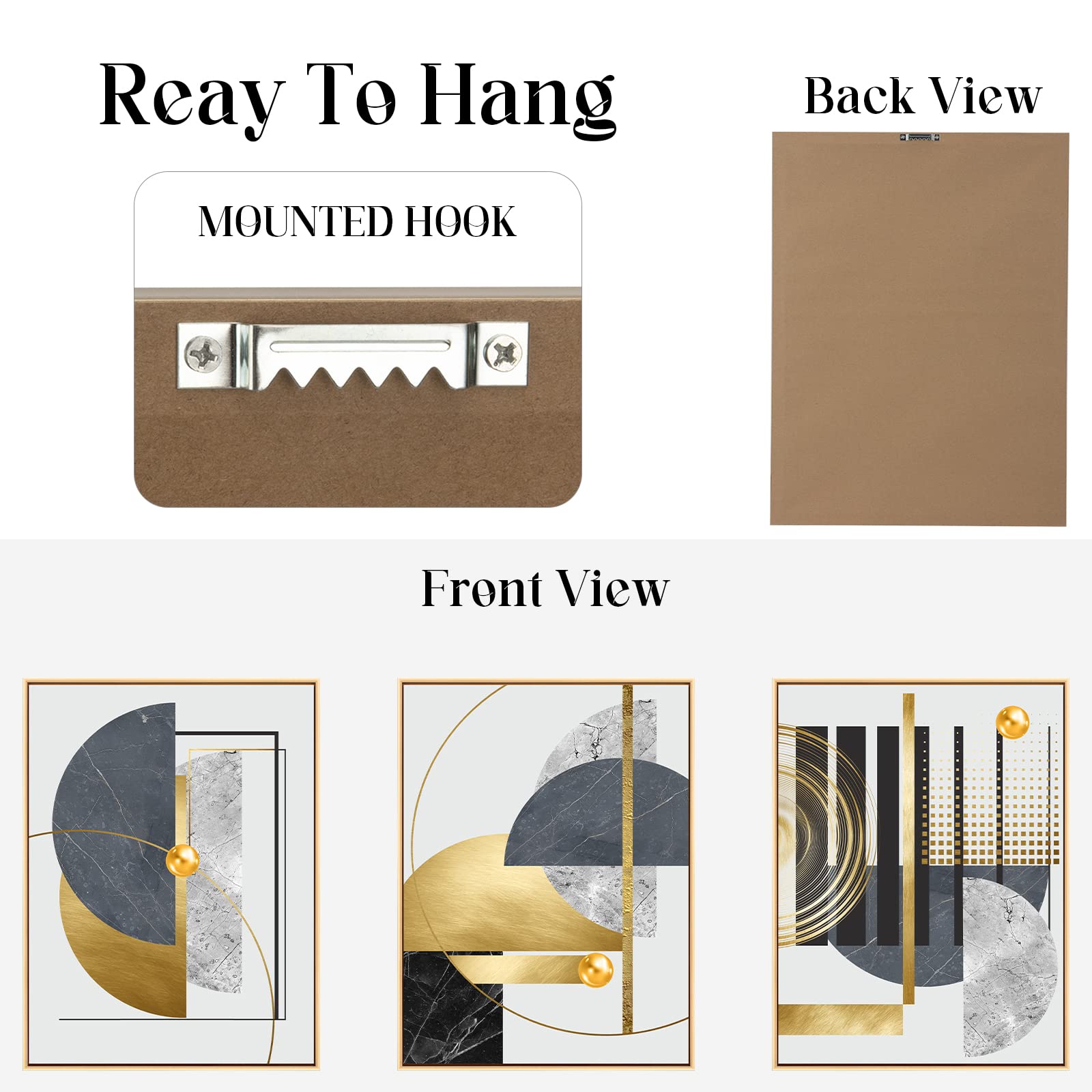 3Pcs Gold Canvas Wall Art Decor  Nordic Luxury Geometric Abstract Grey Black and Gold Framed Painting Poster Print for Living Room  Marble Wall Painting for Bedroom Dining Room 12x16 inch