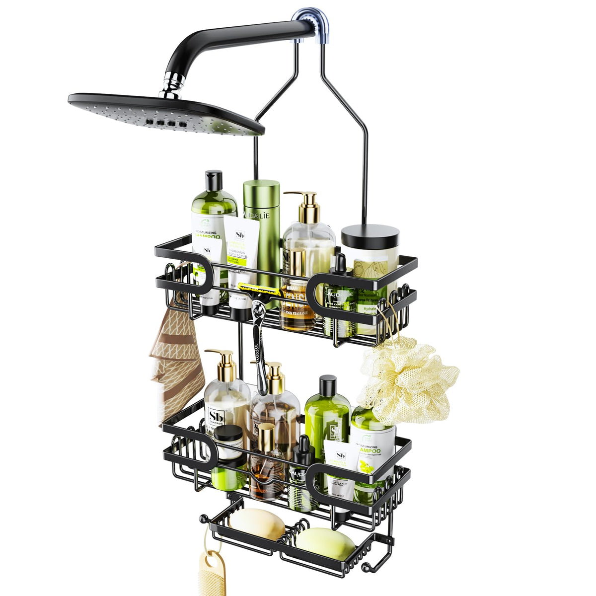 Hapirm Bathroom Hanging Shower Caddy - Rustproof & Waterproof Shower Shelf Over Shower Head With 12 Hooks And 2 Soap Holders, No