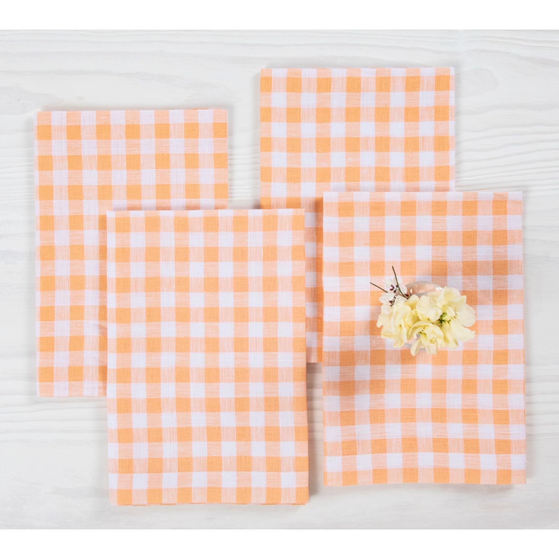 Solino Home Gingham Check Linen Napkins Set Of 4 - 100% Pure Linen Sunny Orange Plaid Napkins 20 X 20 Inch - Machine Washable Cl