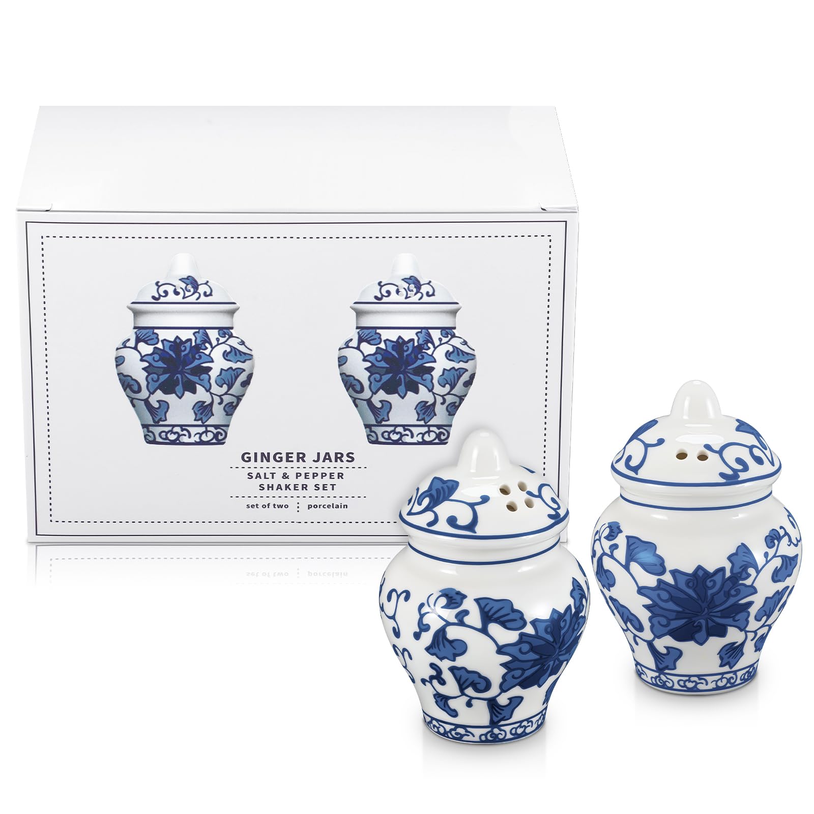 Honeydak 2 Pcs Chinoiserie Mini Ginger Jar Salt and Pepper Shakers Set in Gift Box Ceramic Jar Design, Elegant Blue & White Porc
