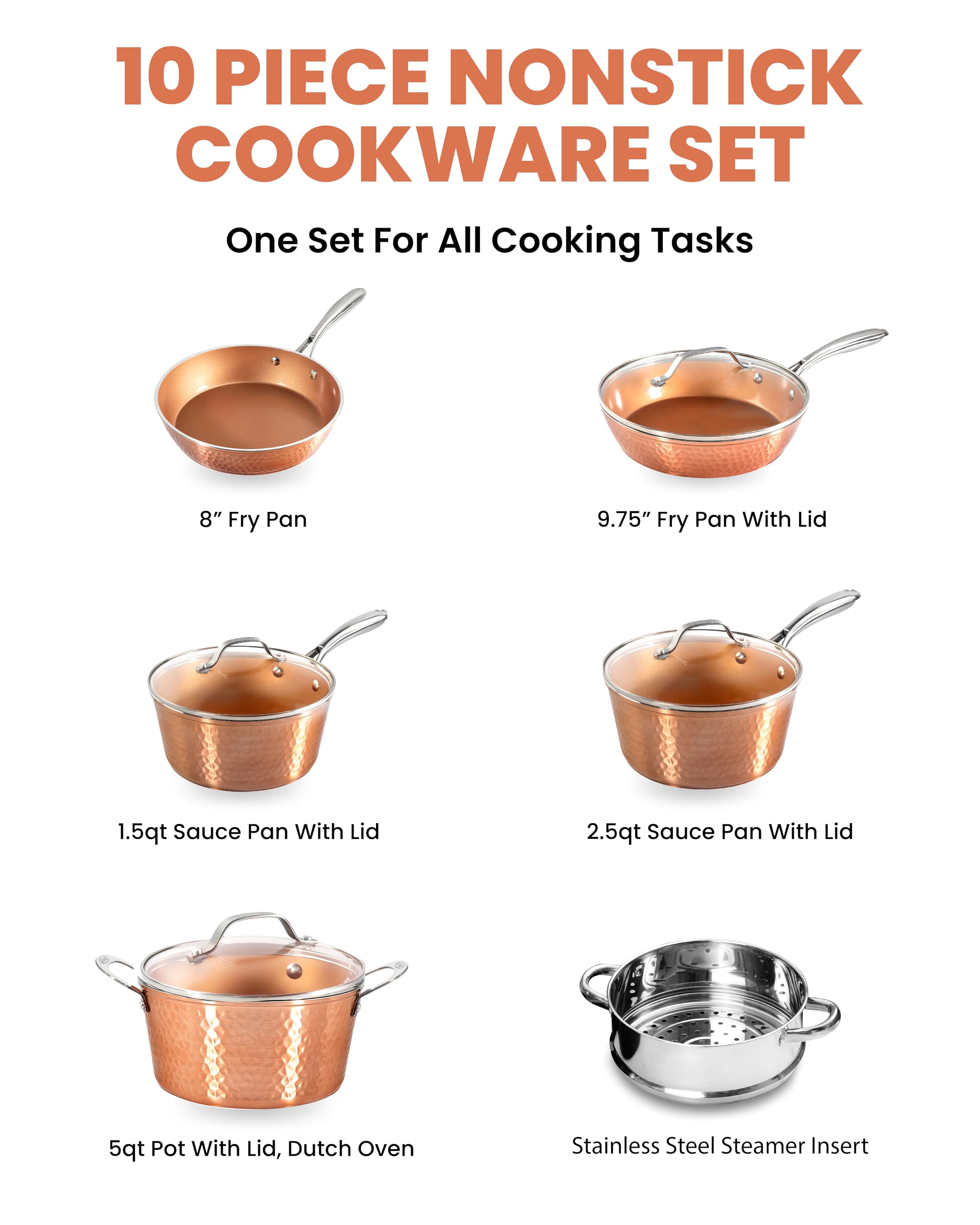 Gotham Steel Hammered Copper 10 Pc Pots and Pans Set Non Stick Cookware Set, Non Toxic Ceramic Cookware Set, Kitchen Cookware Se