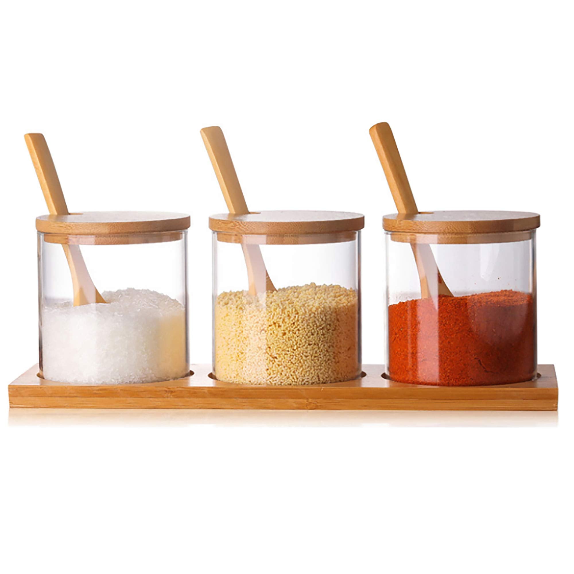 Fantesticryan 3 Pcs Stylish Simple Condiment Canisters Pots Set, Decorative Storage Seasoning Glass Container Box With Bamboo Sp