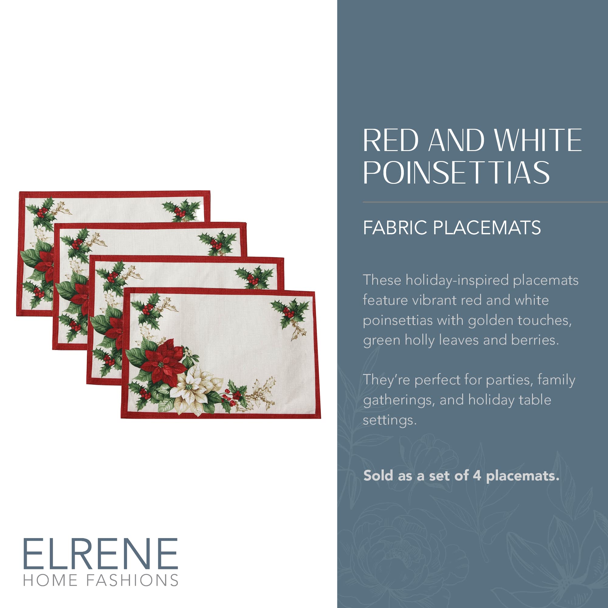 Elrene Home Fashions Red And White Poinsettia Holiday Fabric Placemats, Christmas Mats For Table Decor, 13 Inches X 19 Inches, S