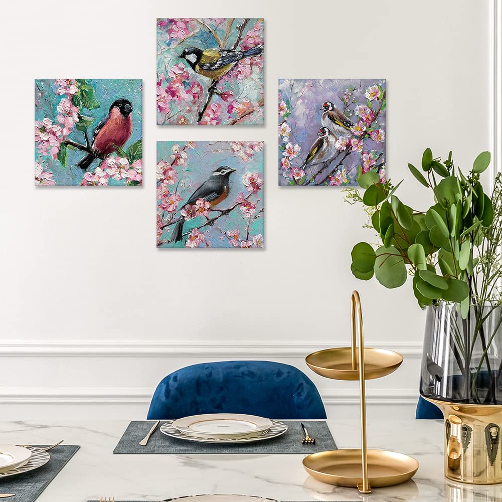 Otostar 4 Pieces Wall Art Canvas Prints - Oil Painting Flowers And Birds Picture Painting - Modern Wall Artwork Framed For Gifts