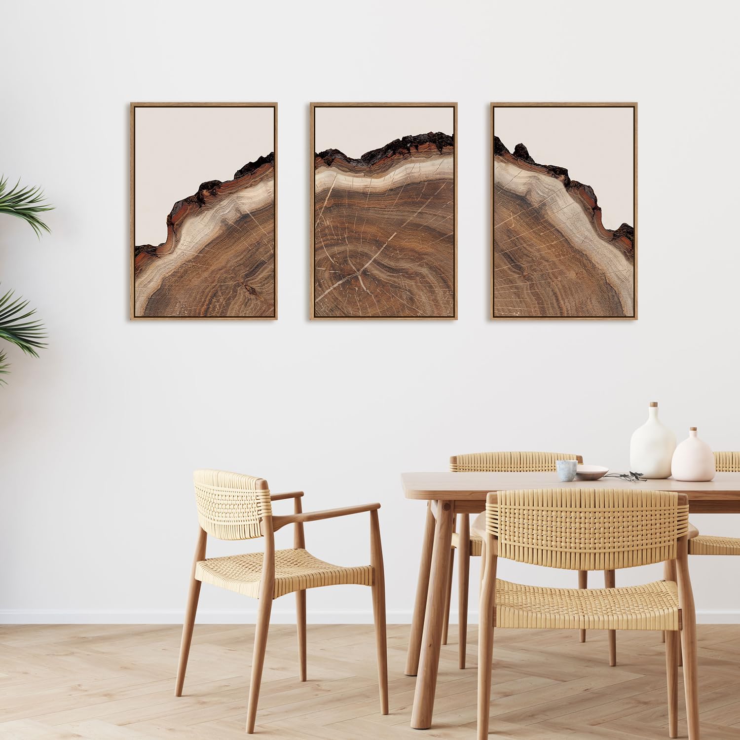 Hpinub Tree Rings Wood Wall Art Framed Set, Modern Beige Wood Stump Wall Decor, Abstract Tree Spiral Wall Painting,Nature-Inspir