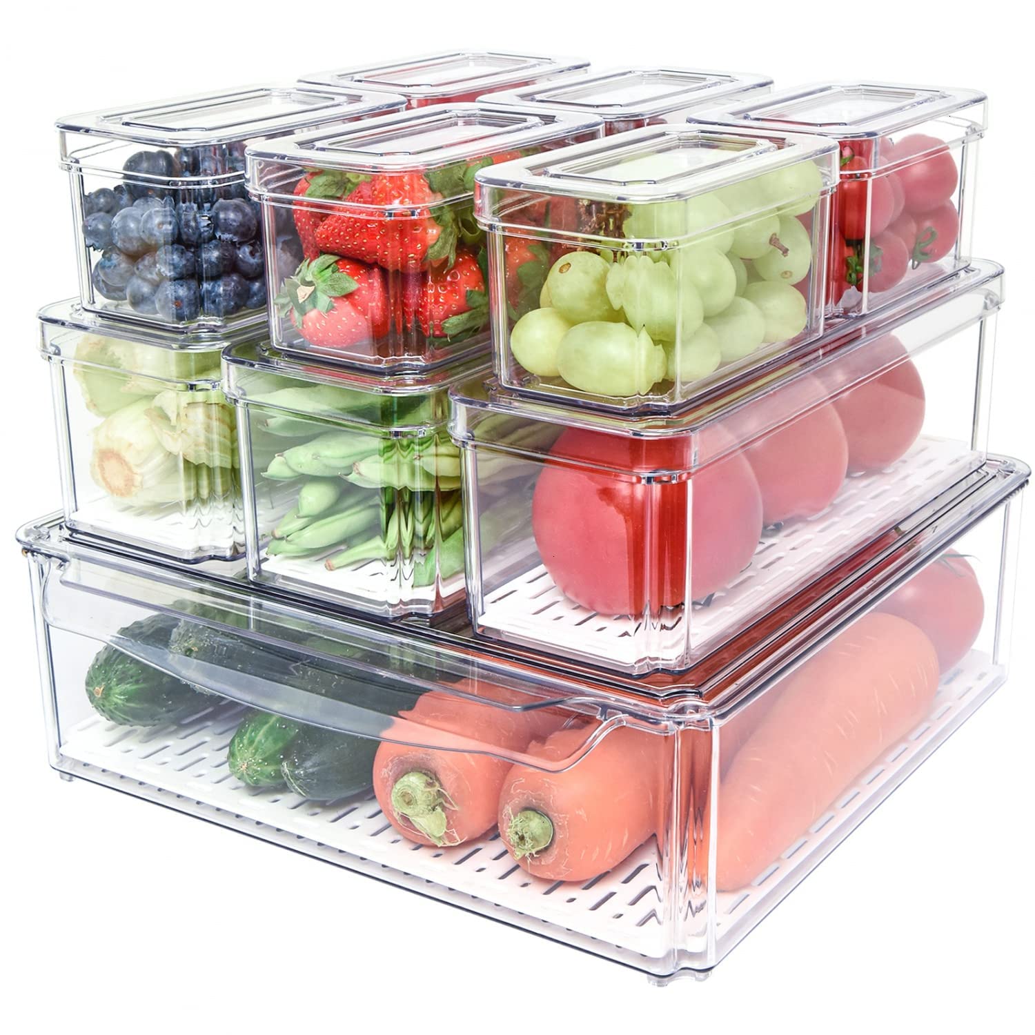 Pomeat 10 Pack Fridge Organizer, Stackable Refrigerator Organizer Bins With Lids, Bpa-Free Produce Fruit Storage Containers For