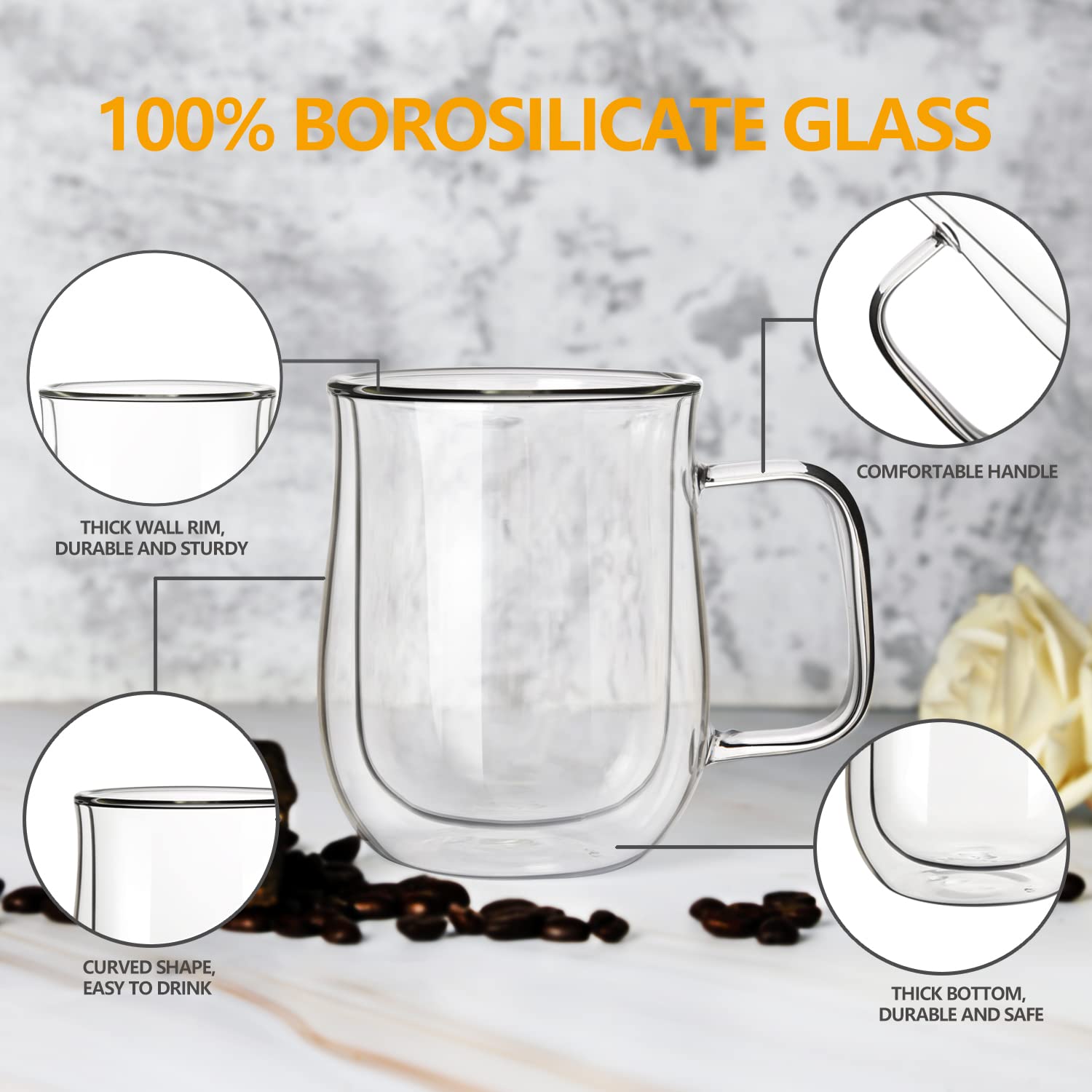 Comfome Double Wall Glass Coffee Mugs 12 Oz, Set Of 4, Double Insulated Clear Glass Coffee Mug For Hot Beverages.