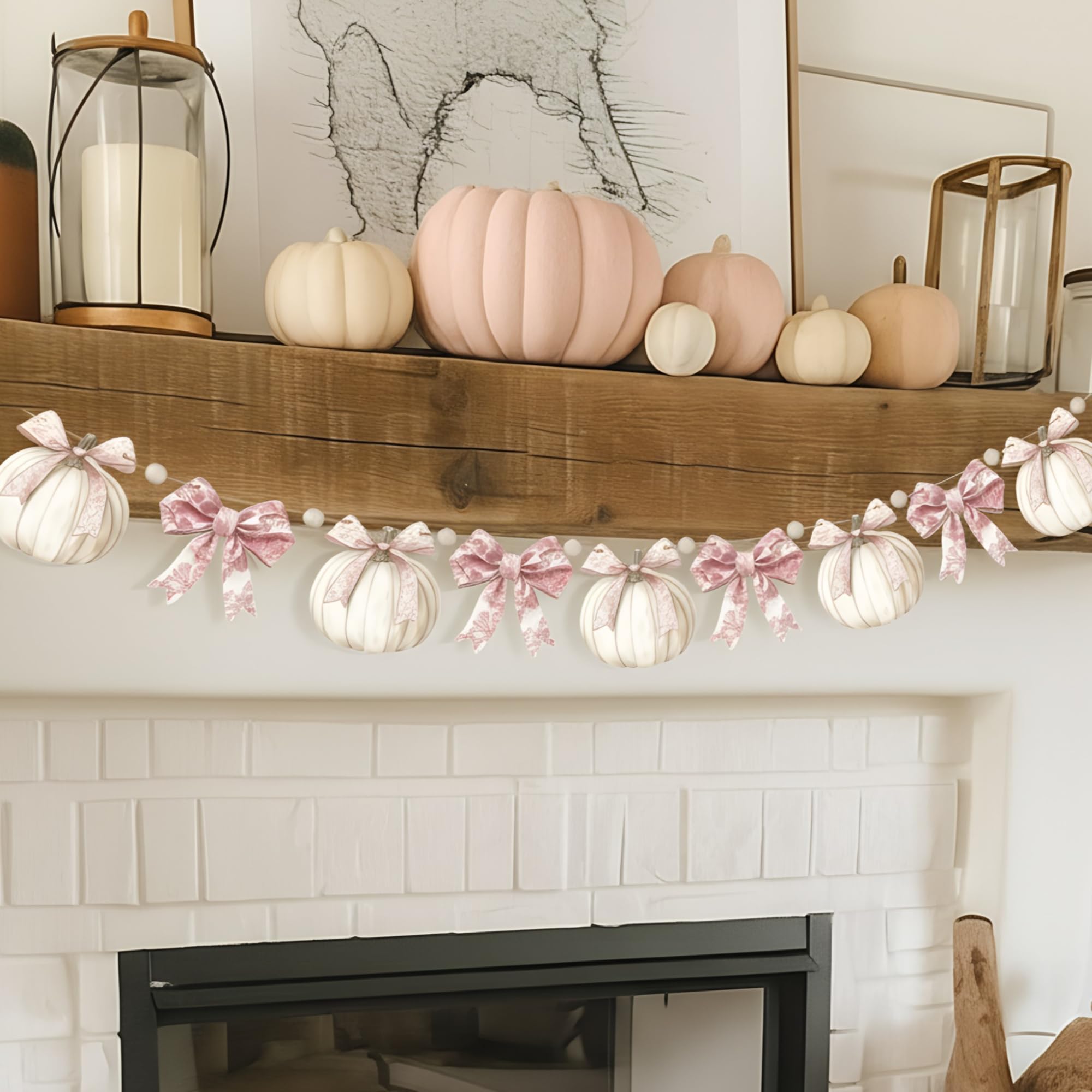 Cinnvoice 8.2 ft Fall Decorations Wooden Bow Pumpkin Garland Pink Bow Banner Thanksgiving Fall Banner Rustic Farmhouse Wood Bead