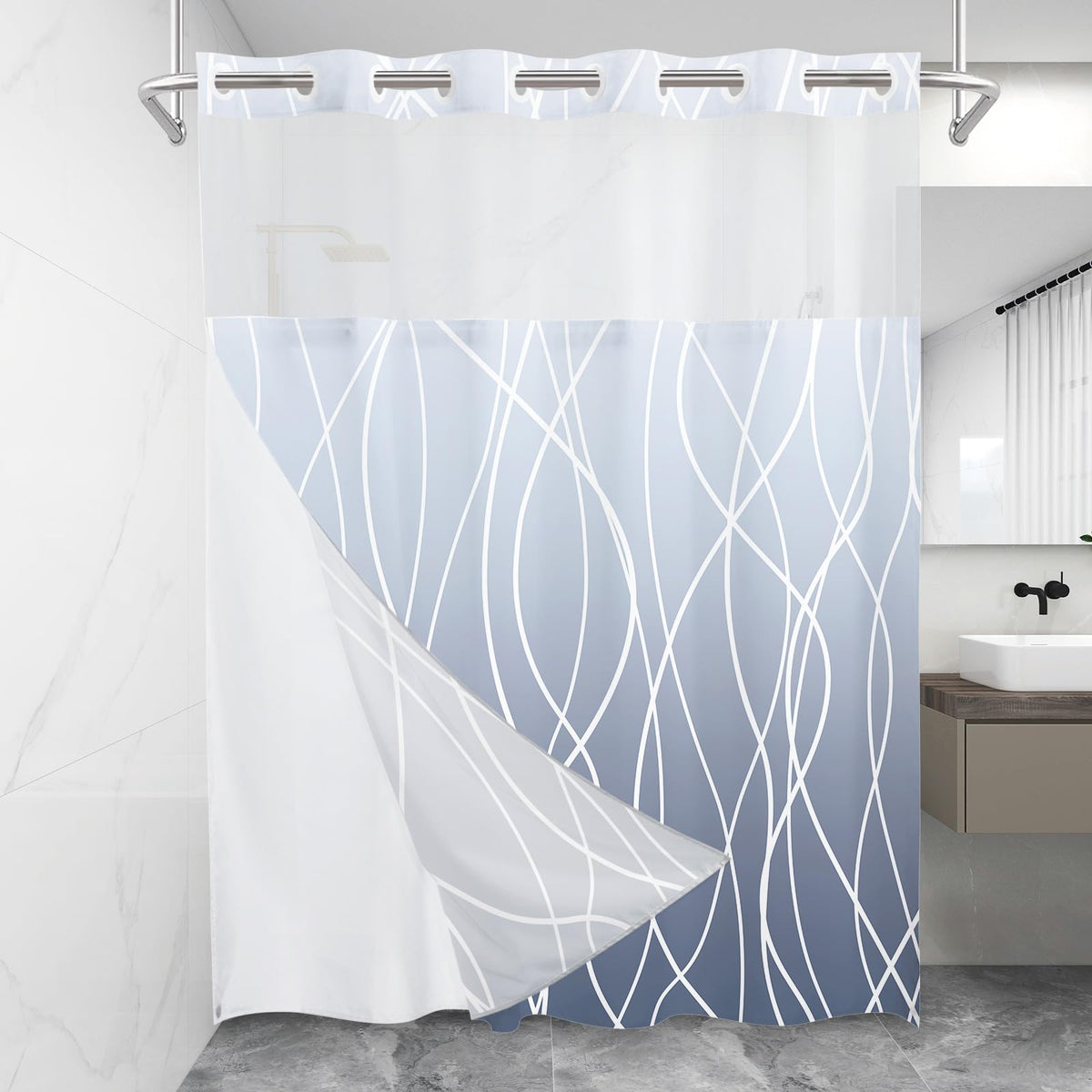 Lxbni No Hook Ombre Blue Striped Shower Curtain With Snap In Fabric Liner Set - Hotel Shower Curtain And Liner Set With See Thro