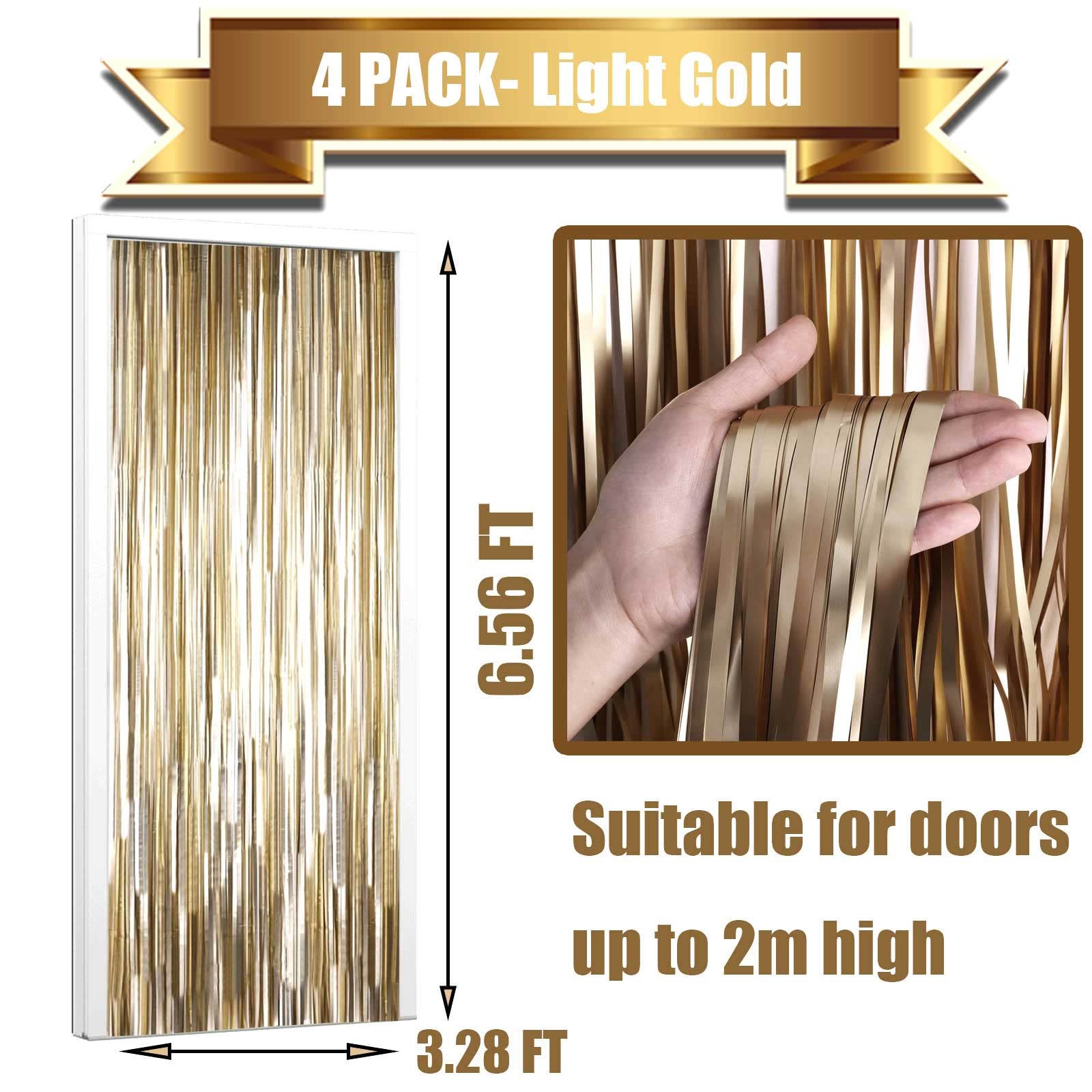 4 Pack Light Gold Foil Fringe Curtain Backdrop, 3.28Ft X 6.56Ft Metallic Tinsel Foil Fringe Streamers Curtains For Photo Booth,