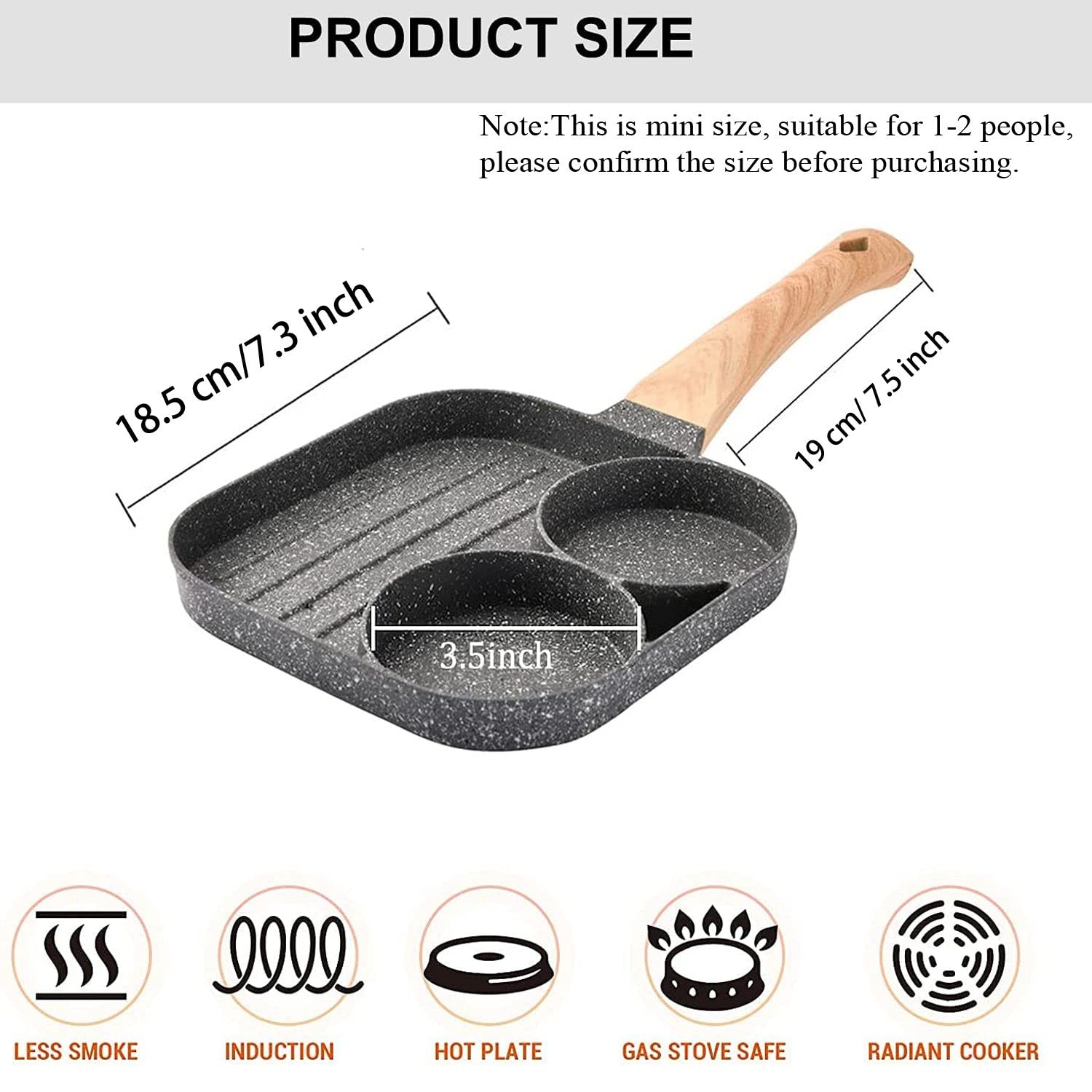 Justup Nonstick Egg Frying Pan, 3-In-1 Nonstick Pan Divided Grill Frying Pan, Heat Resistant Handle 3 Section Skillet Mini Panca
