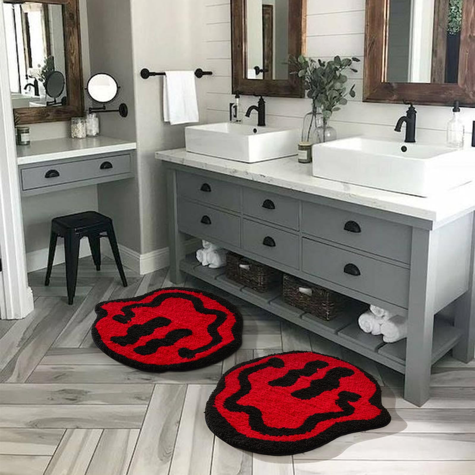 Estmy Trippy Cute 2Ft Round Bathroom Rugs Red/Black Non Slip Rubber Backed Washable, Groovy Aesthetic Happy Face Abstract Hippie