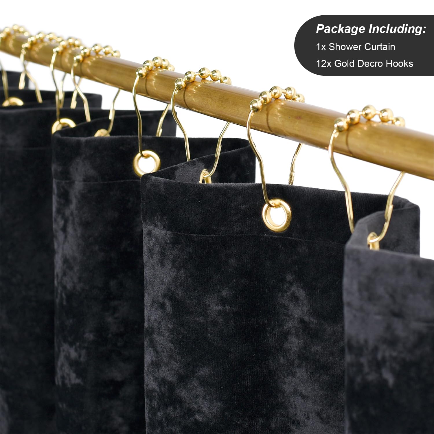 Tamgho Black Shower Curtain For Bathroom, Luxury Crushed Velvet Shower Curtain Black, Dark Shower Curtain Set With Gold Decro Me