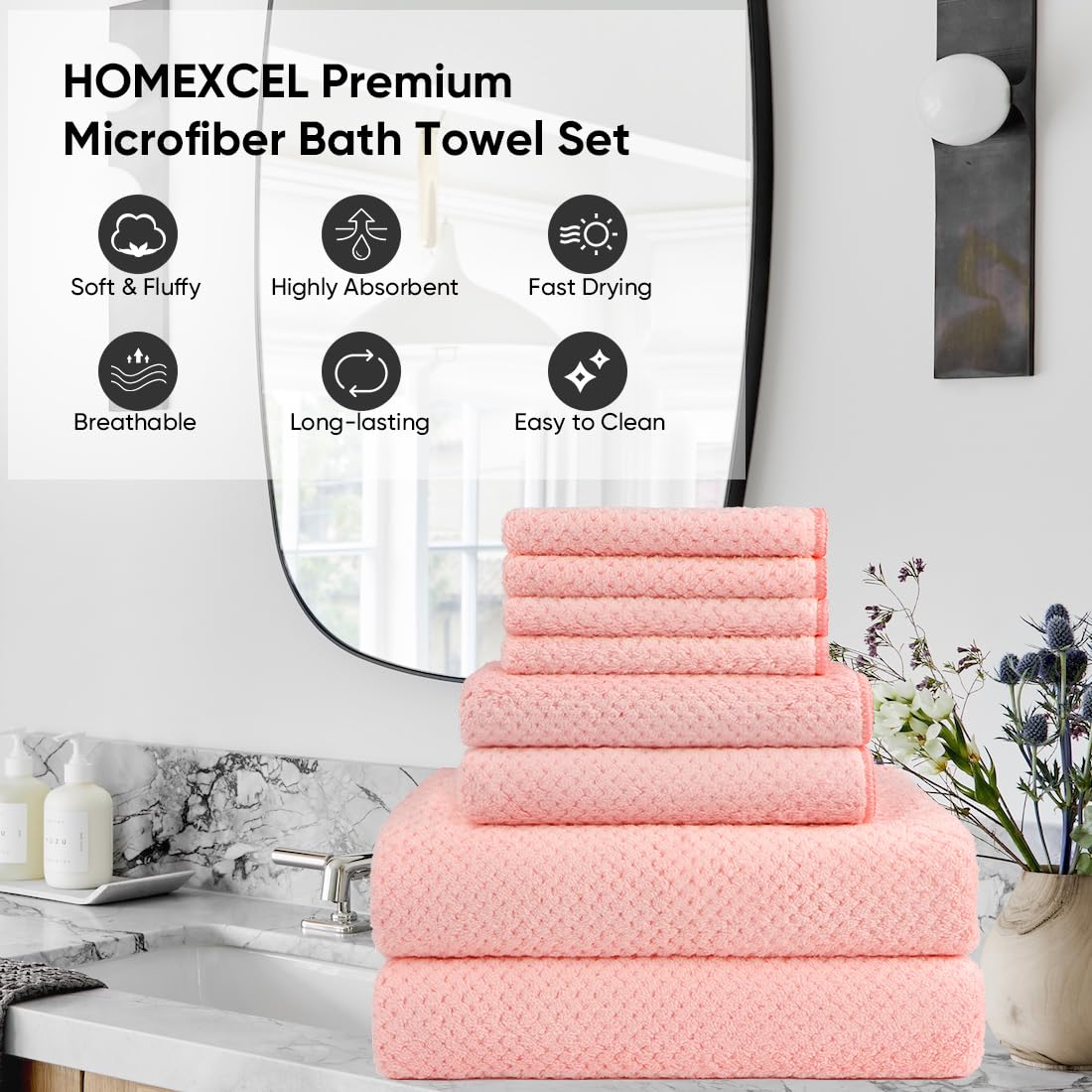 Homexcel 8 Piece Bath Towel Set, Microfiber Bathroom Towel - 2 Bath Towels, 2 Hand Towels, And 4 Wash Cloths, Super Soft, Highly