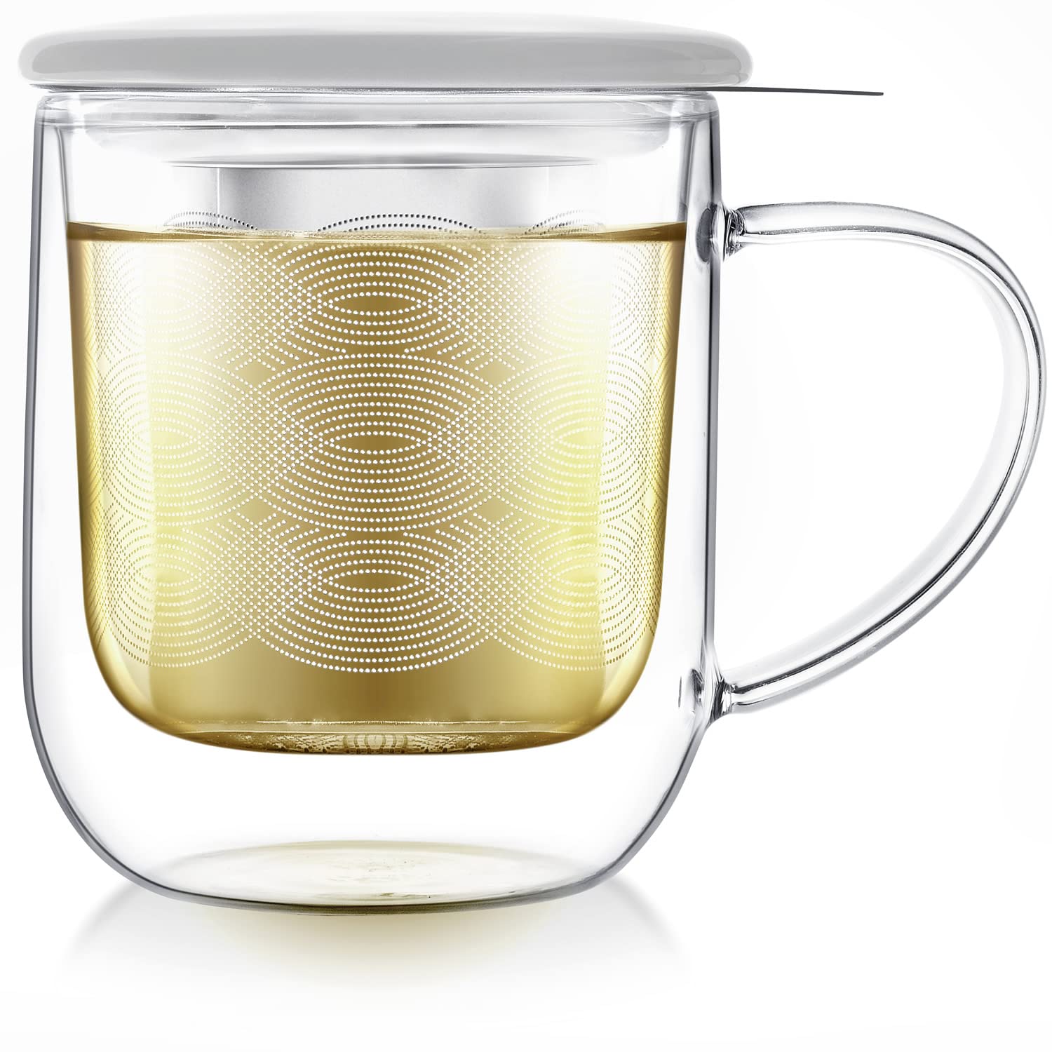 Teabloom Tea-For-One Steeping Mug - Insulated Double Wall Glass Mug (12 Oz), Stainless Steel Infuser, Porcelain Lid/Coaster - Ra