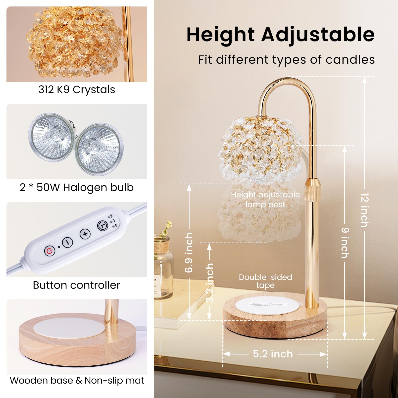 LOFTEK Candle Warmer Lamp with Timer - Dimmable - Adjustable Height, Electric Wax Melt Warmer Lamp with 2 Bulbs for Scente, Jar