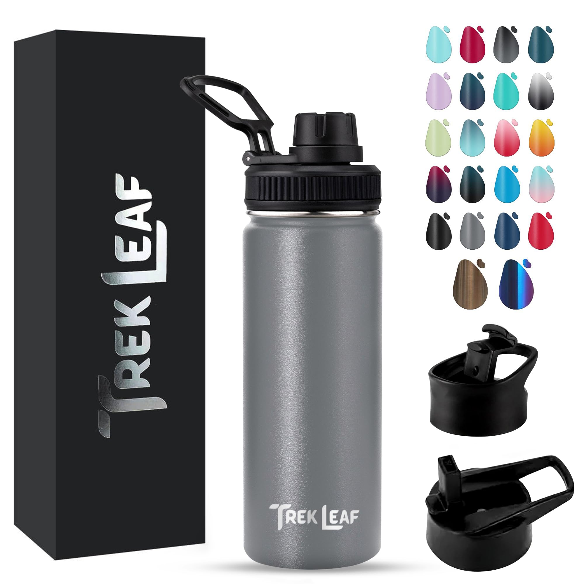 Trek Leaf Travel Water Bottle with 3 Lids (Spout, Straw, Flip) Leak Proof, Quality, Vacuum Insulated, Stainless Steel (Gray, 18 