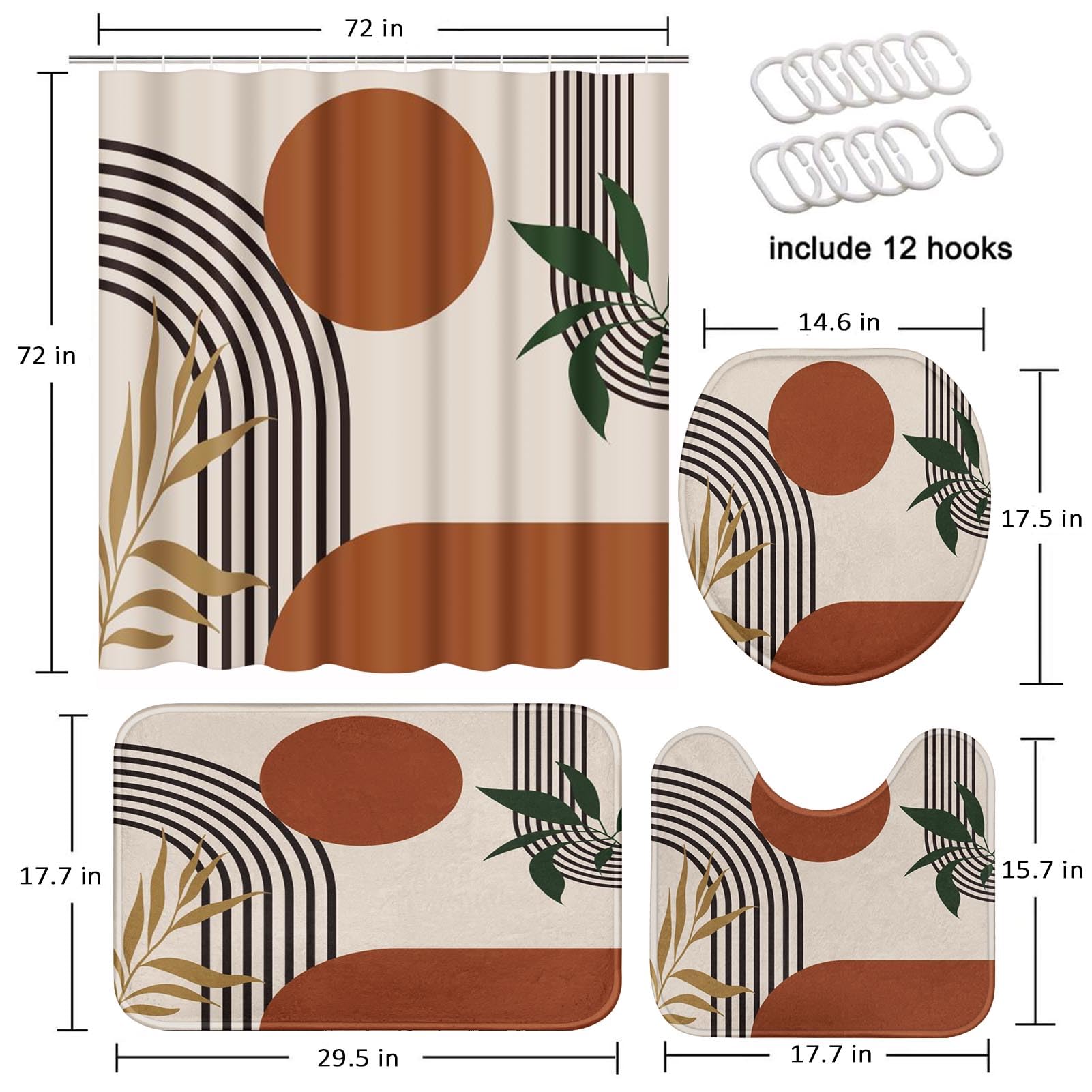 Tayney Boho Mid Century Shower Curtain Set With Toilet Lid Cover And Non-Slip Rugs, Abstract Geometric 4 Pcs Modern Minimalist S