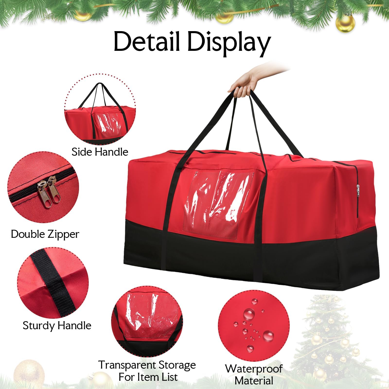 NAVTUE Christmas Tree Storage Bag, 10 FT Heavy Duty 600D Oxford, Red & Black, Dampproof with Durable Handles & Dual Zipper