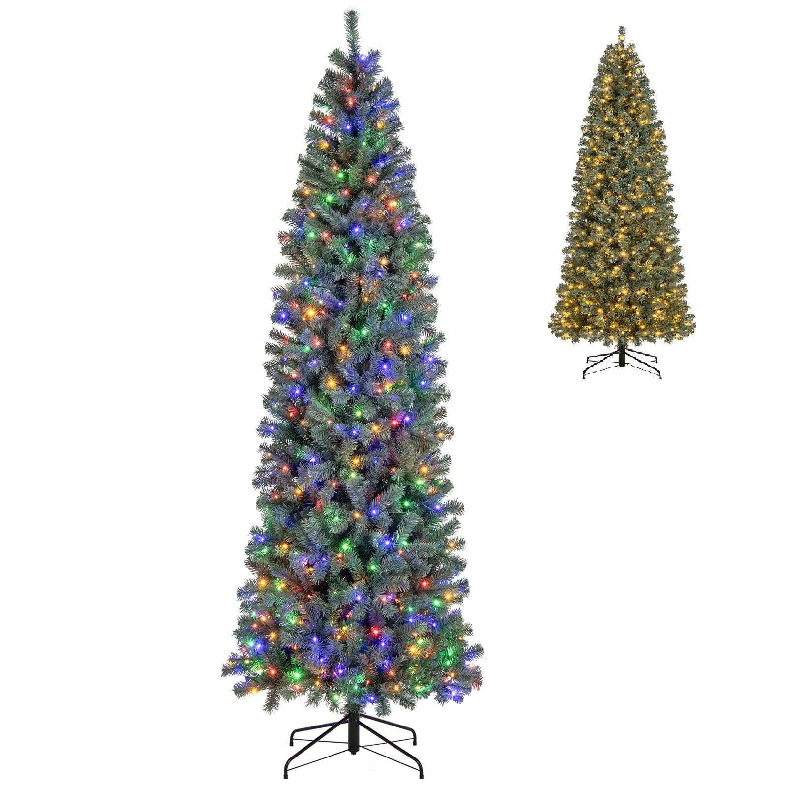 GOFLAME 9FT Pre-Lit Pencil Christmas Tree, Hinged Artificial Xmas Tree with 1168 Branch Tips, 500 LED Lights, 9 Lighting Modes &