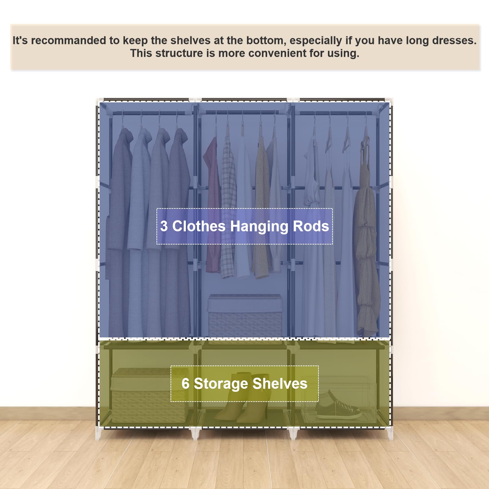 Mogelafoo 51 Inch Portable Closet Wardrobe For Hanging Clothes, Wardrobe Closet With Cover, 3 Hanging Rods, 4 Side Pockets, 6 St
