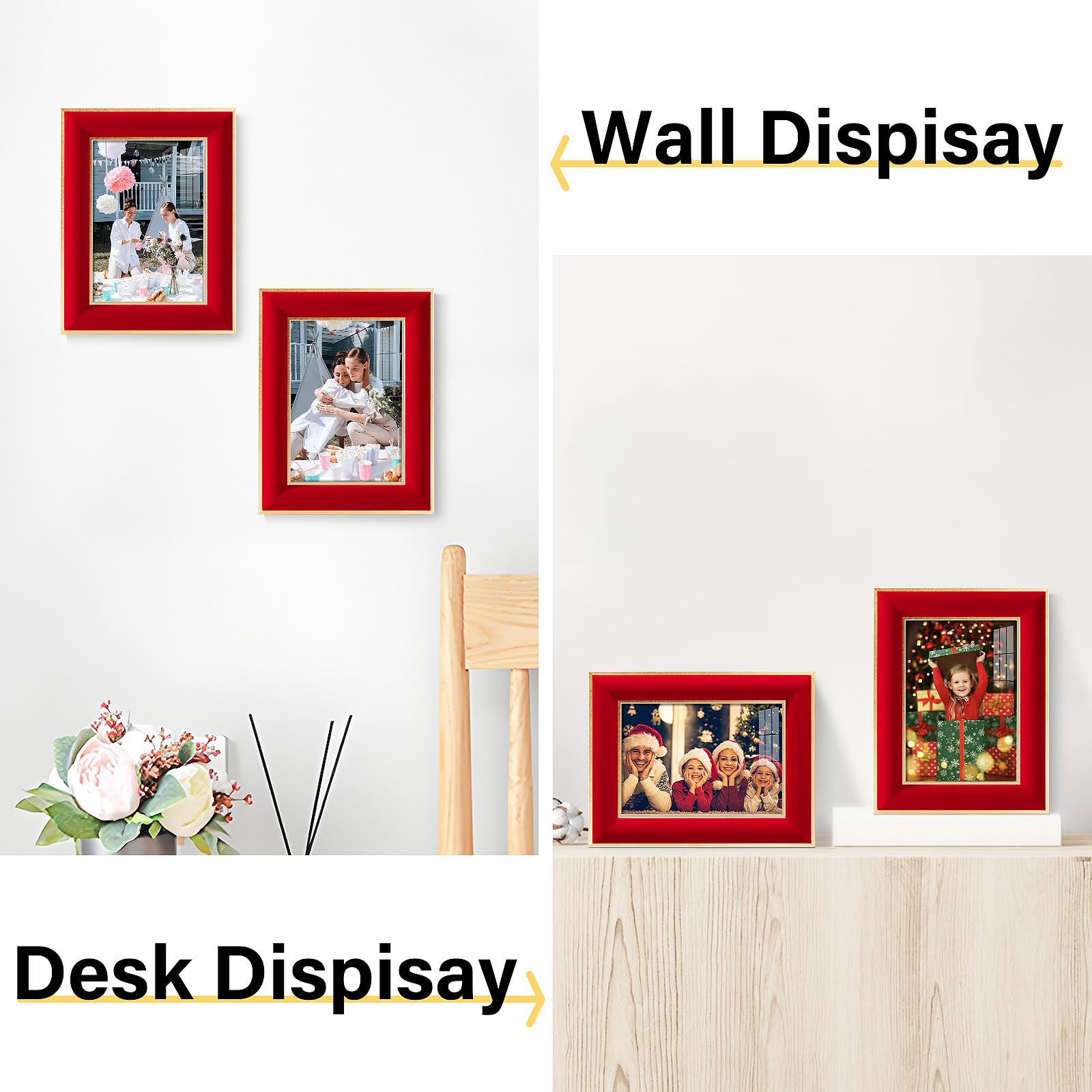 KSROECUD 5x7 Velvet Picture Frame, Red Photo Frames with Modern Simple Metallic Gold Border, HD Real Glass Horizontal & Vertical