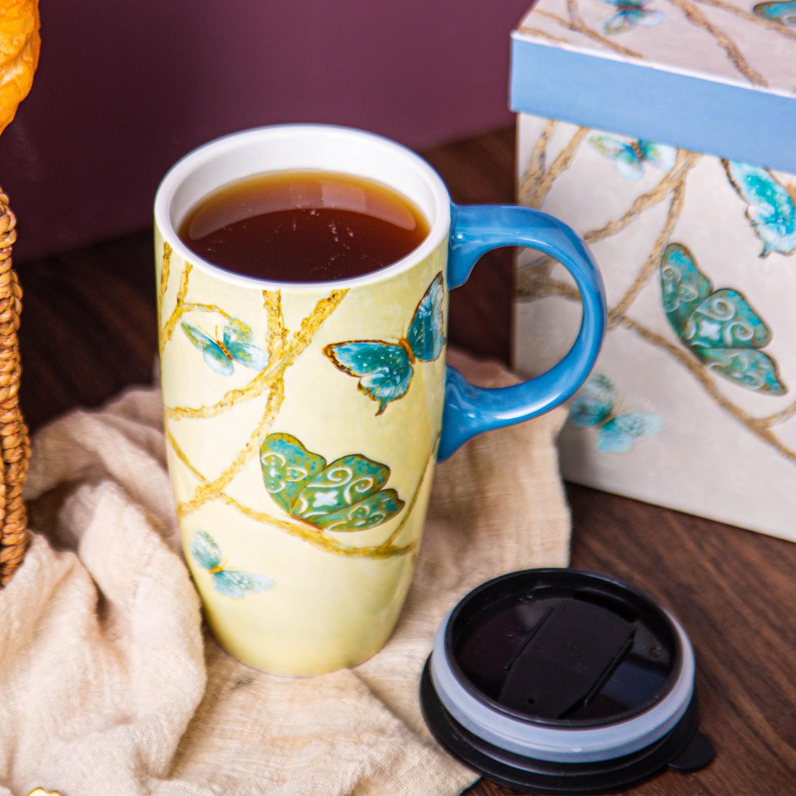 Topadorn Coffee Ceramic Mug Porcelain Latte Tea Cup With Lid 17Oz.,Blue