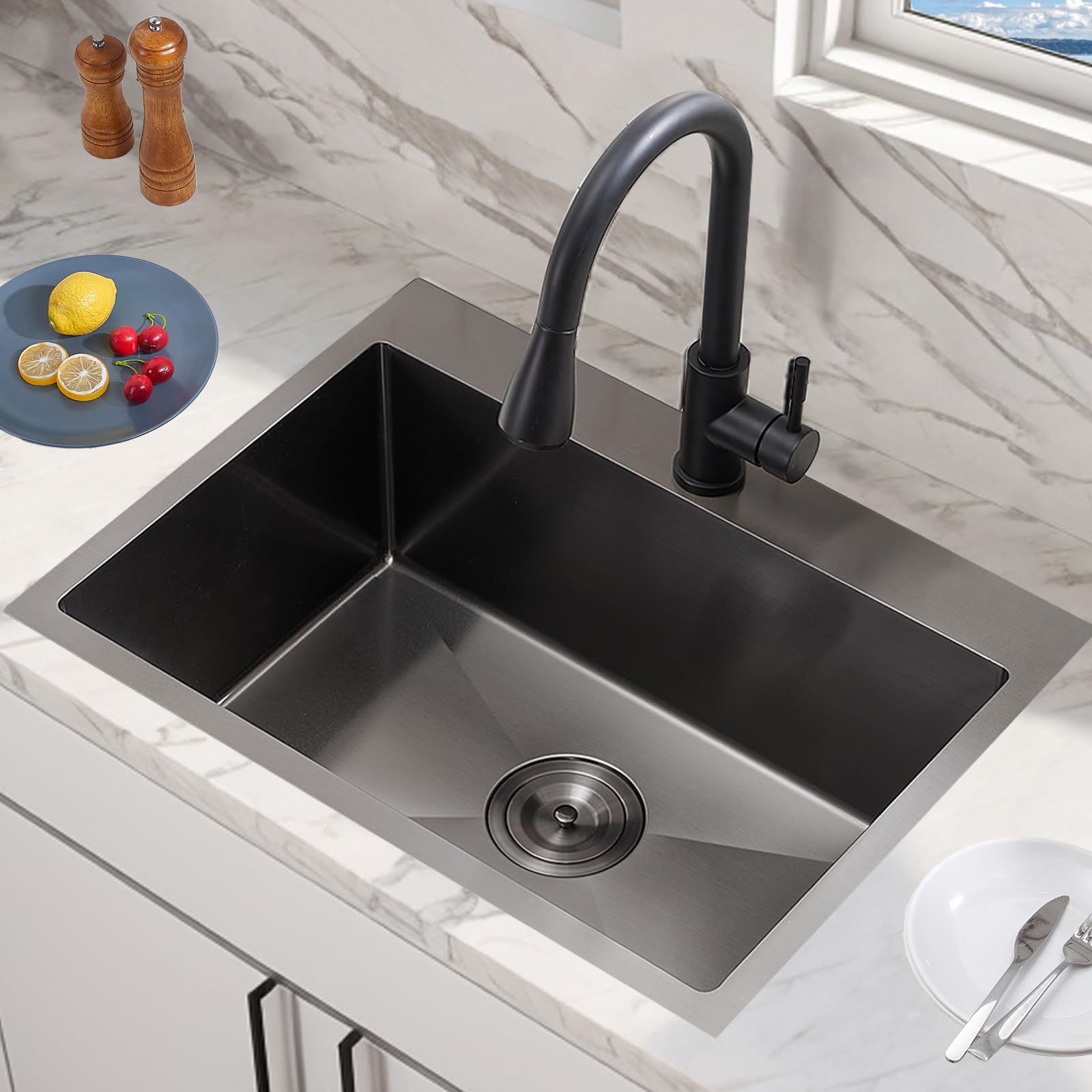 Vccucine 22X18 Inch Gunmetal Black Drop In Kitchen Sink,16 Gauge Topmount Rv Small Kitchen Bar Sink,Stainless Steel Wet Bar Sink