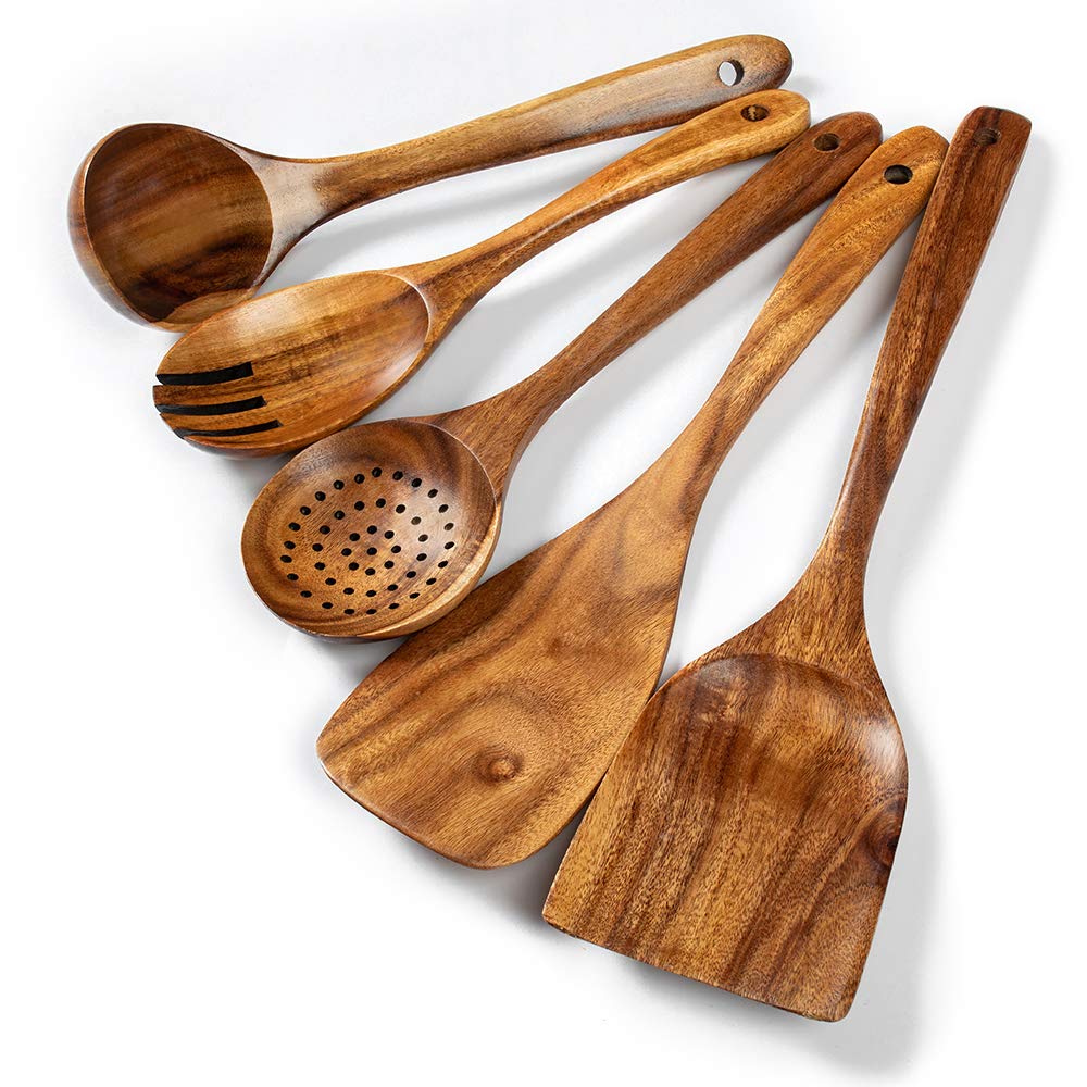 Wooden Kitchen Utensils Set, 5 Pcs Natural Acacia Wooden Cooking Spurtle Set For Non-Stick Pan Kitchen Tool Cooking Ladle And Wo