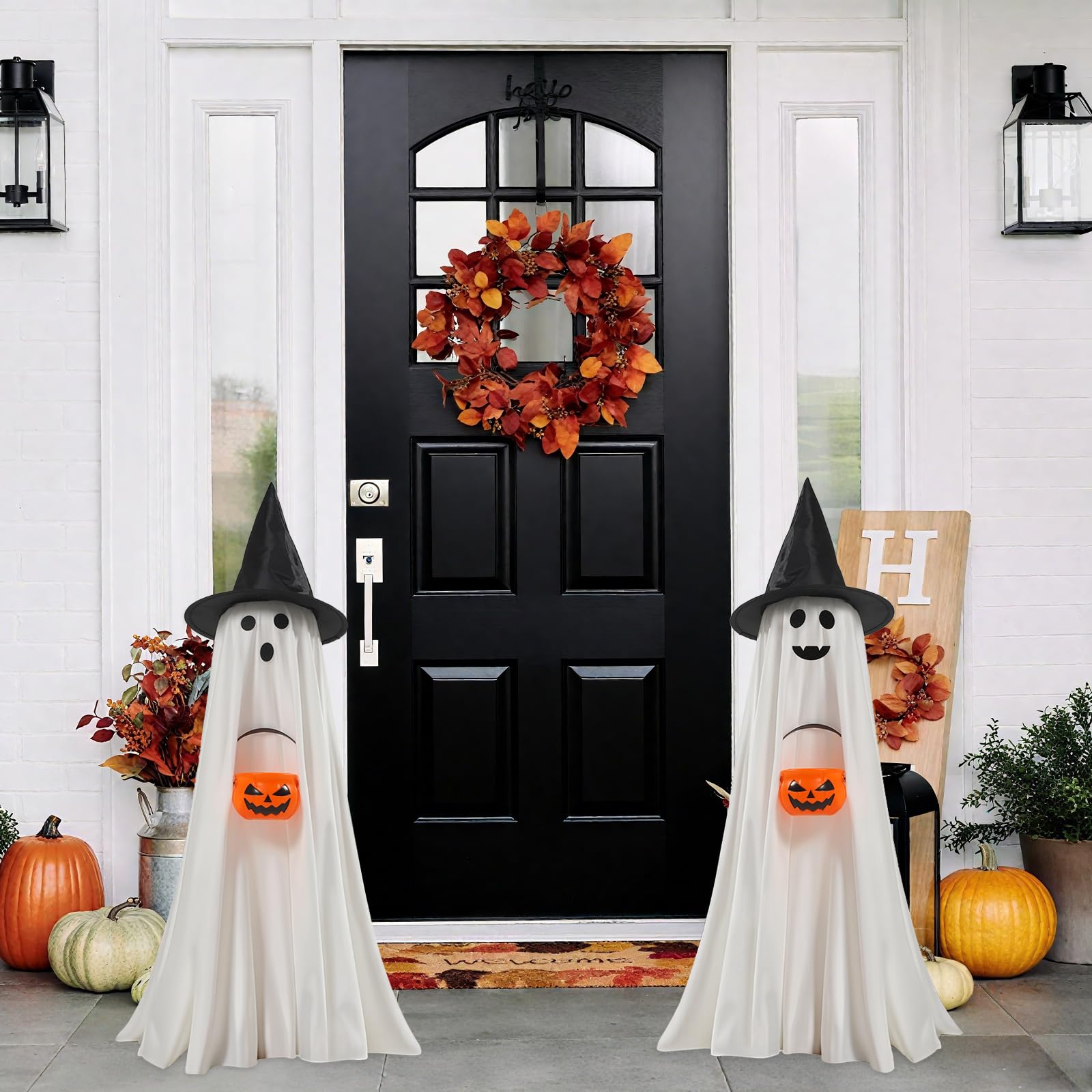 Halloween Decorations Indoor Outdoor, 2 Packs Light Up Spooky Ghost with Pumpkin Halloween Decor Crafts, Indoor Cute Party Ghost