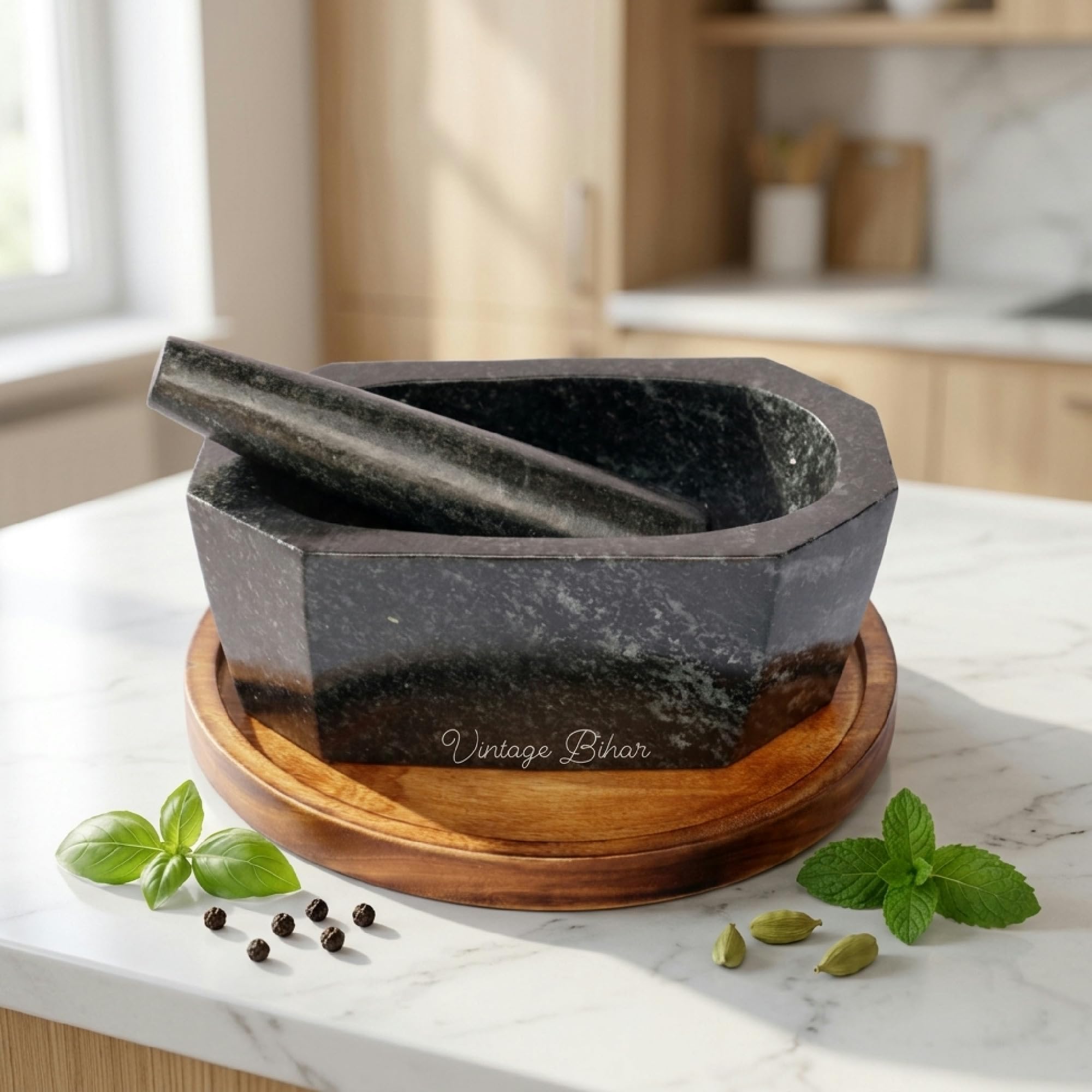 Vintagebihar Tamda Stone Mortar And Pestle 8 Inch Octagonal Kitchen Grinding Stone Set For Chutney Masala Spices And Herbs 4 Kg